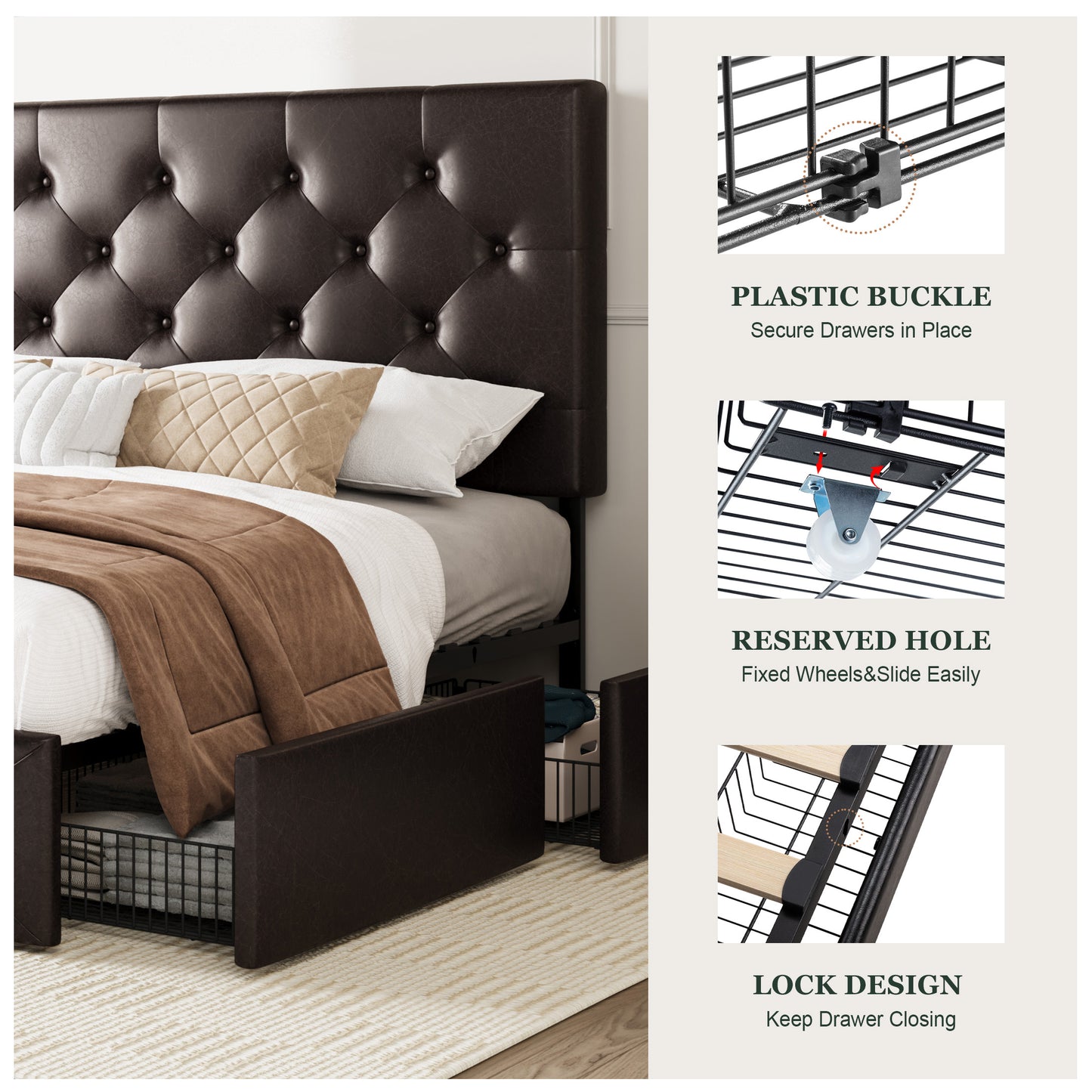 Amolife Faux Leather Platform Bed Frame with 4 Storage Drawers, Button Tufted Style Hedboard