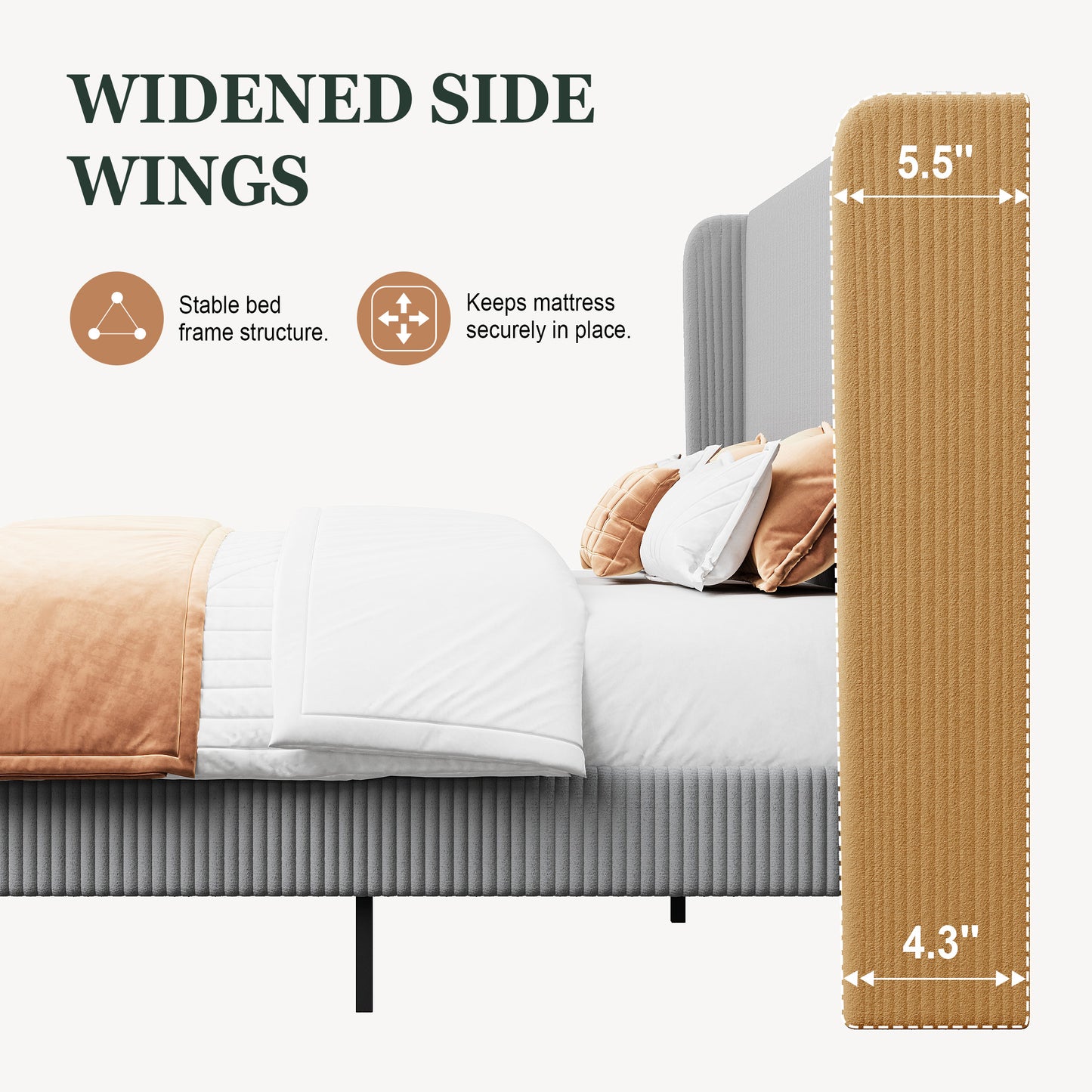 Amolife platform Bed Frame with Upholstered Wingback Headboard, Vertical Channel Tufted Corduroy Velvet