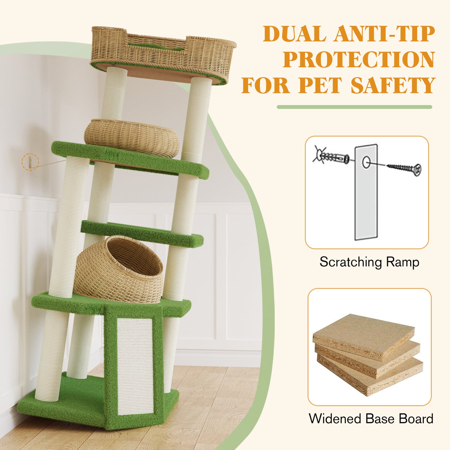Amolife 57" Large Cat Tree Tower with Teddy Fleece Rattan Condo, Scratching Ramp and Posts for Indoor Cats and kittens, Green