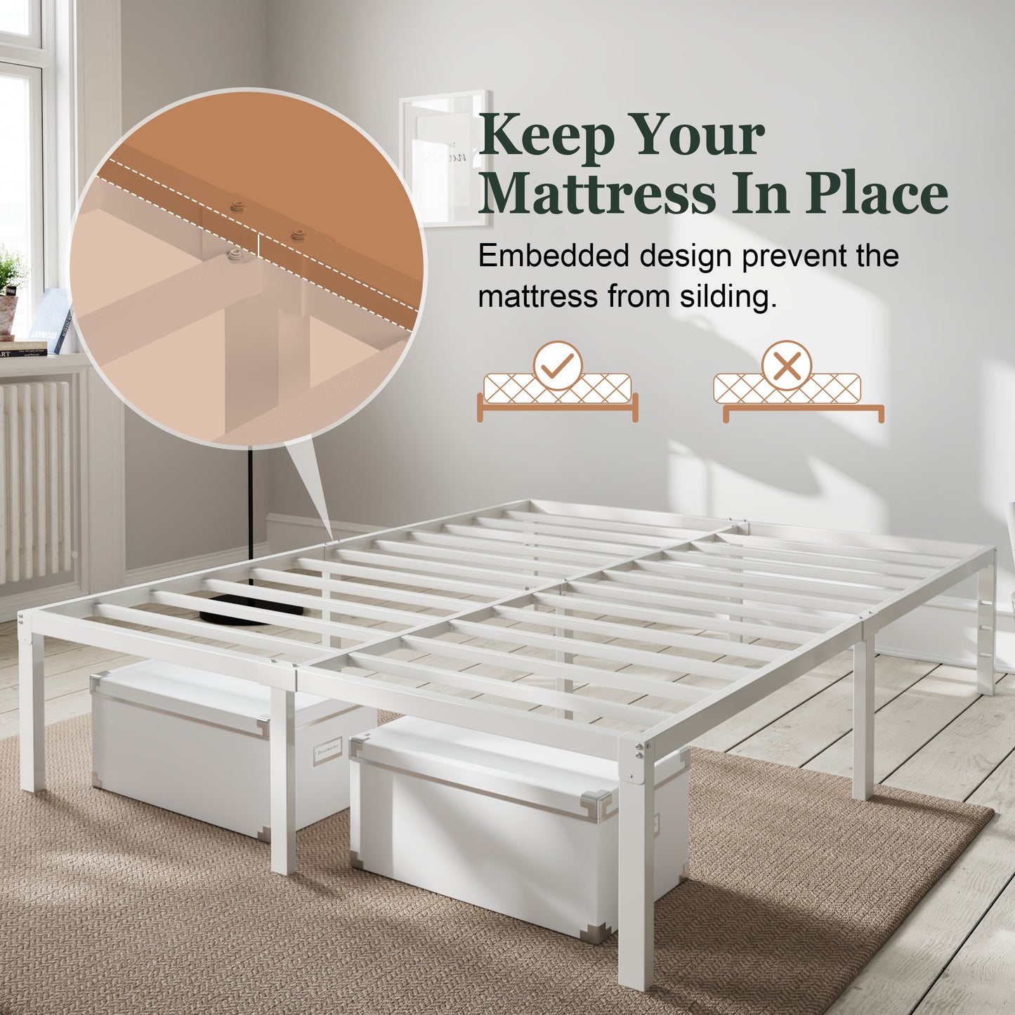 Heavy Duty Platform Bed Frame with Large Under Bed Storage Space, Sturdy Metal Frame