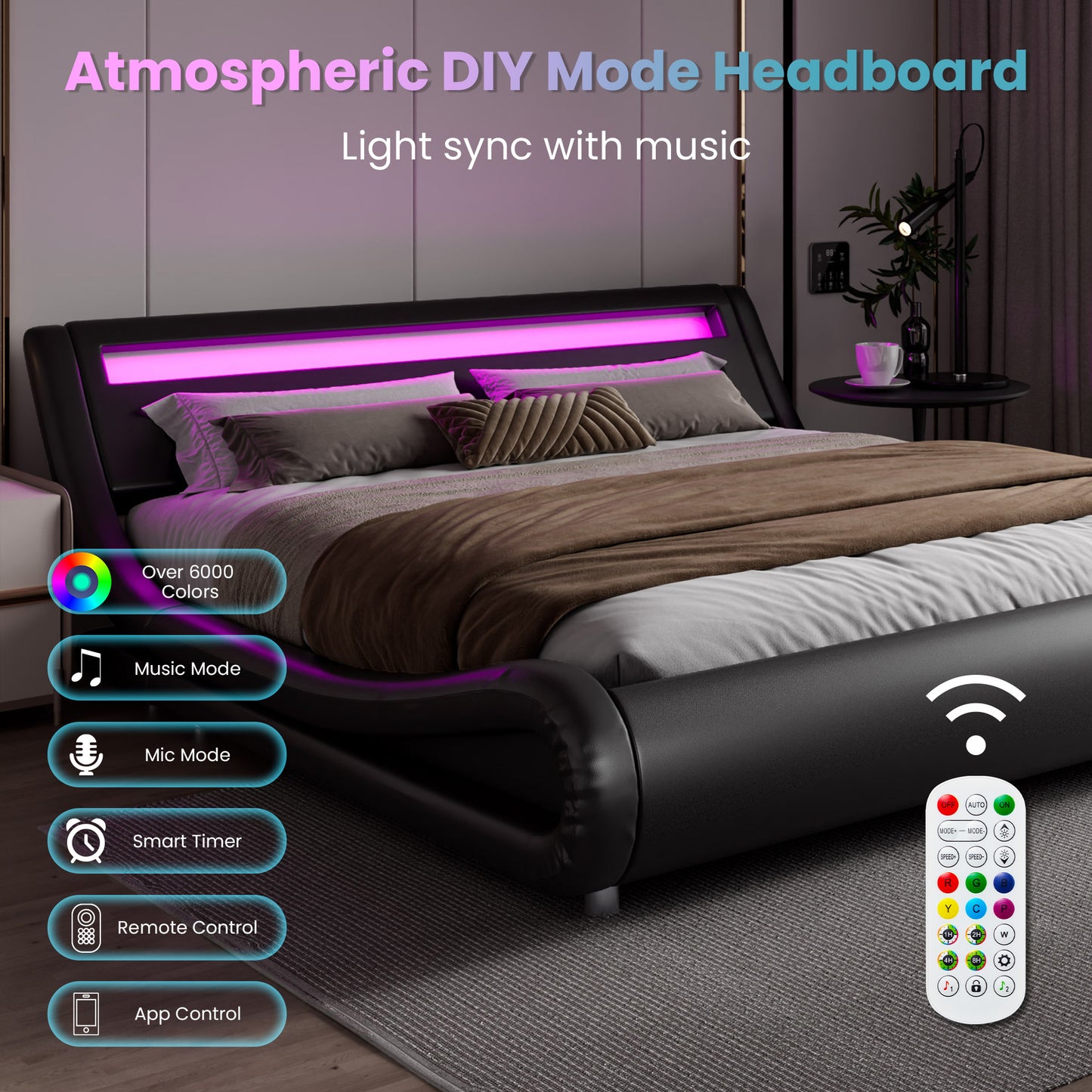 Wave Like Curve Deluxe Upholstered Modern Bed Frame with LED Headboard