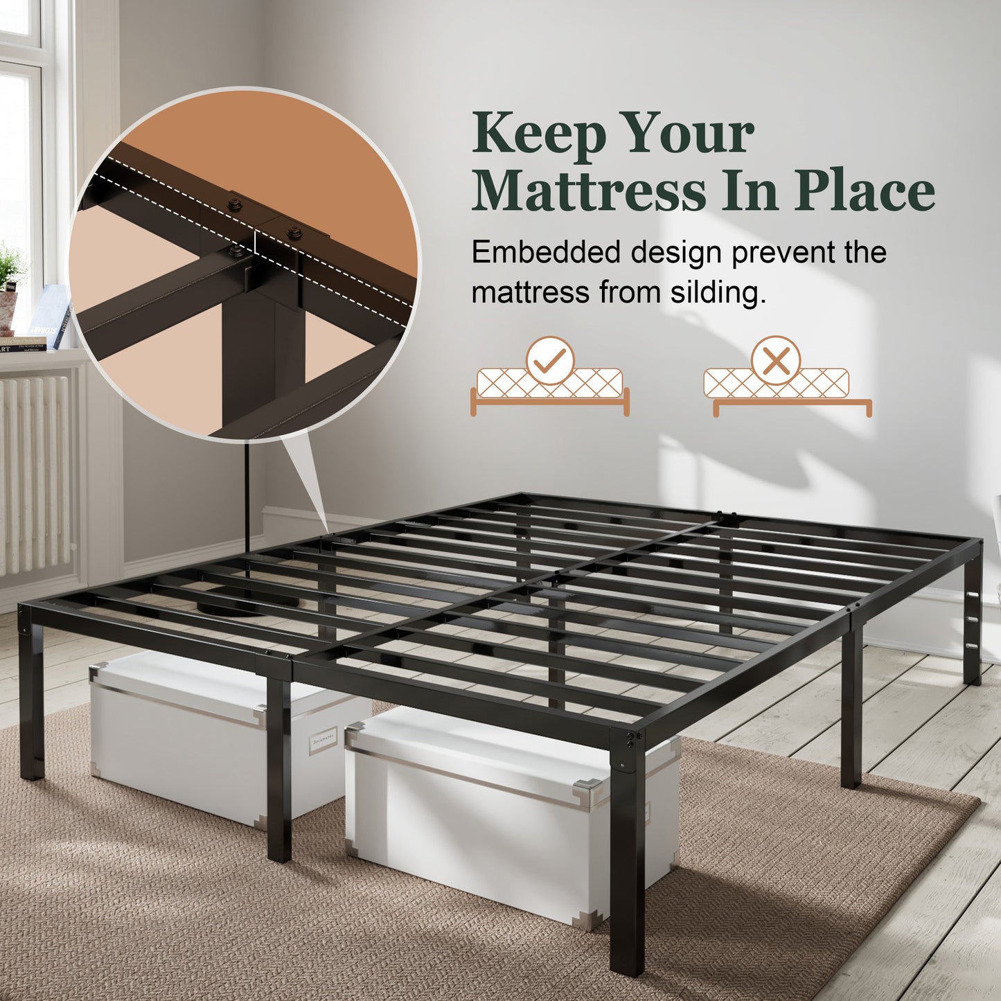 Heavy Duty Platform Bed Frame with Large Under Bed Storage Space, Sturdy Metal Frame