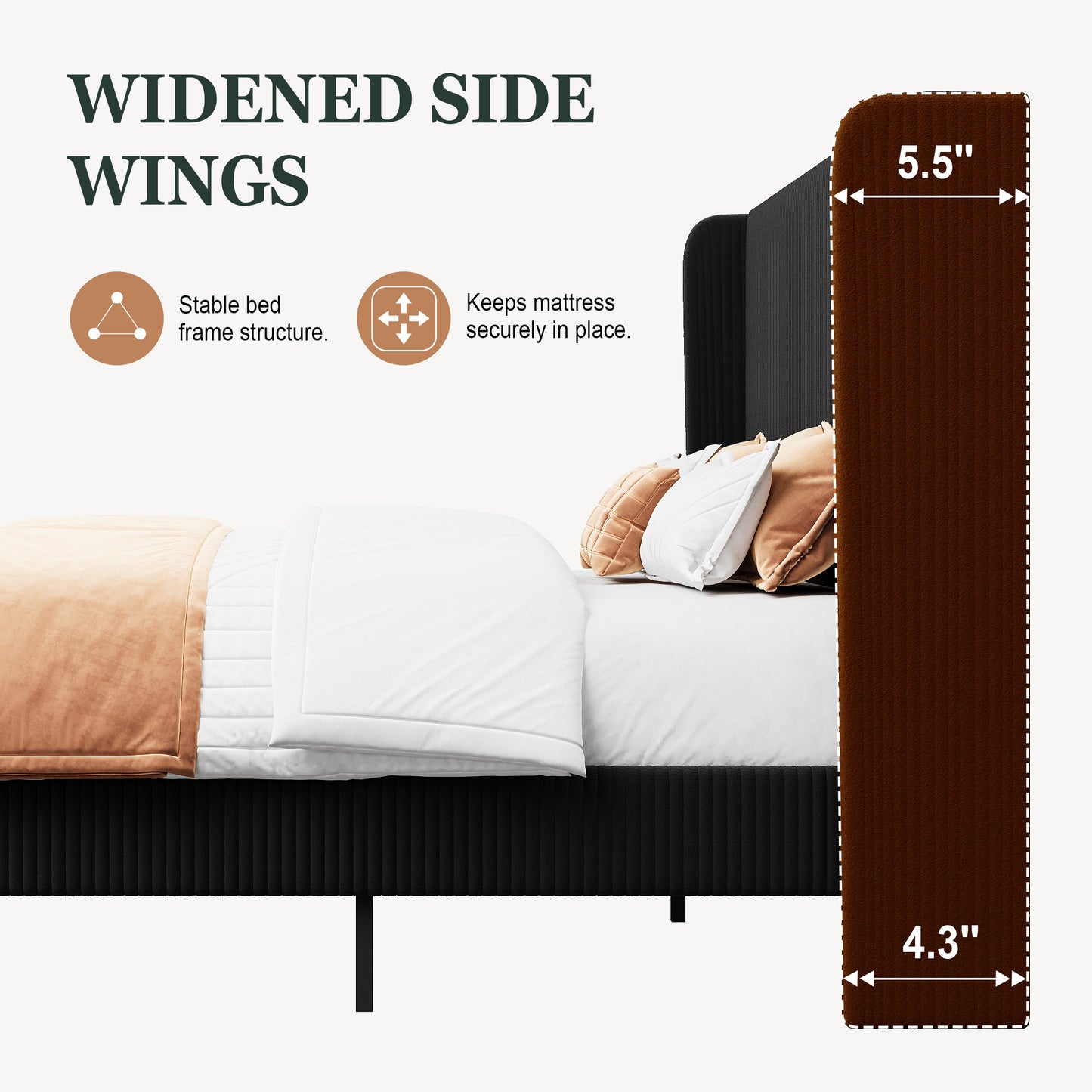 Amolife platform Bed Frame with Upholstered Wingback Headboard, Vertical Channel Tufted Corduroy Velvet