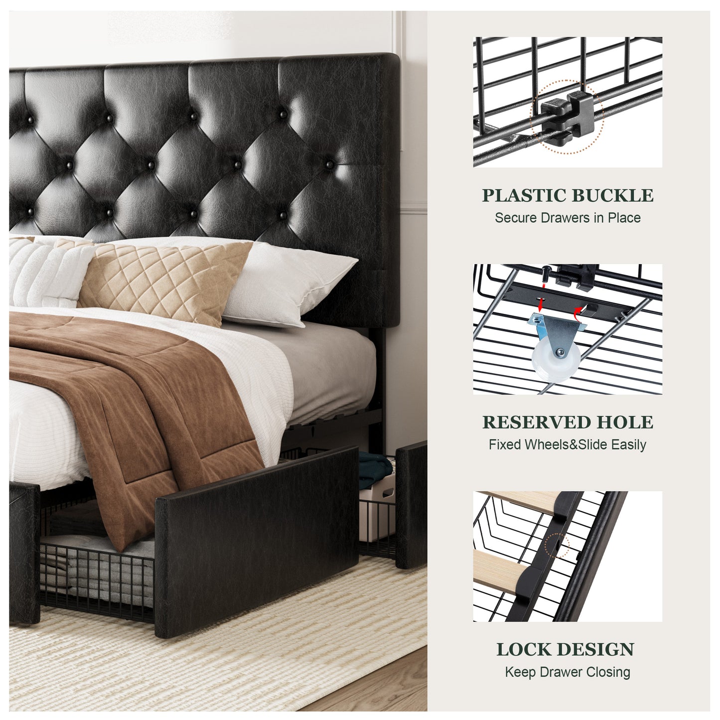 Amolife Faux Leather Platform Bed Frame with 4 Storage Drawers, Button Tufted Style Hedboard