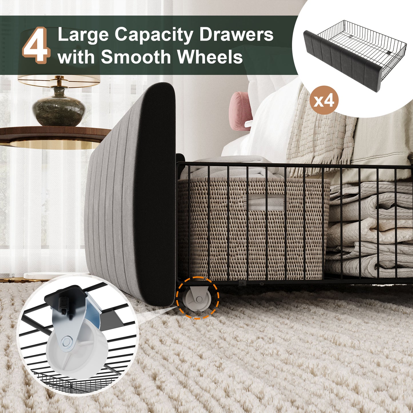 Amolife Bed Frame, Platform Storage Bed with 4 Large Velvet Storage Drawers, Wooden Slats