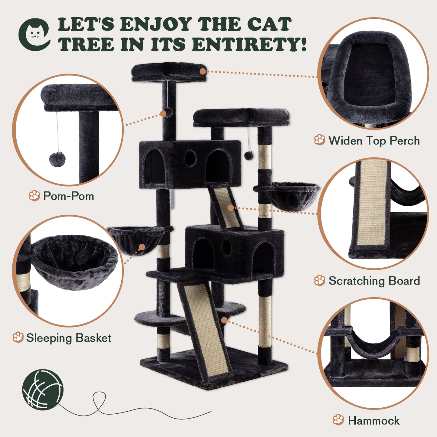 Amolife 65.7" Cat Tree Tower Condo for Large Cats with Hammock, Scratching Post & Basket