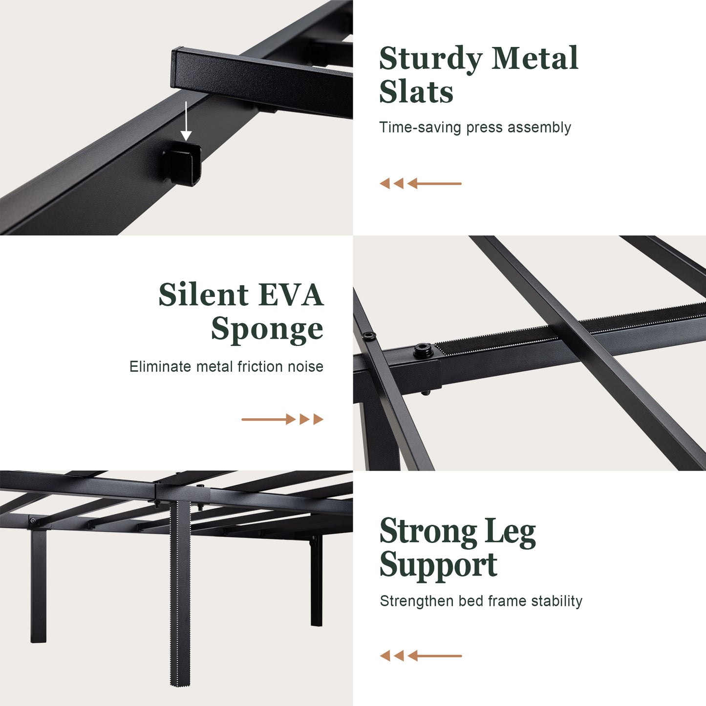 Queen Size Metal Bed Frame with Headboard Shelf, Black Oak