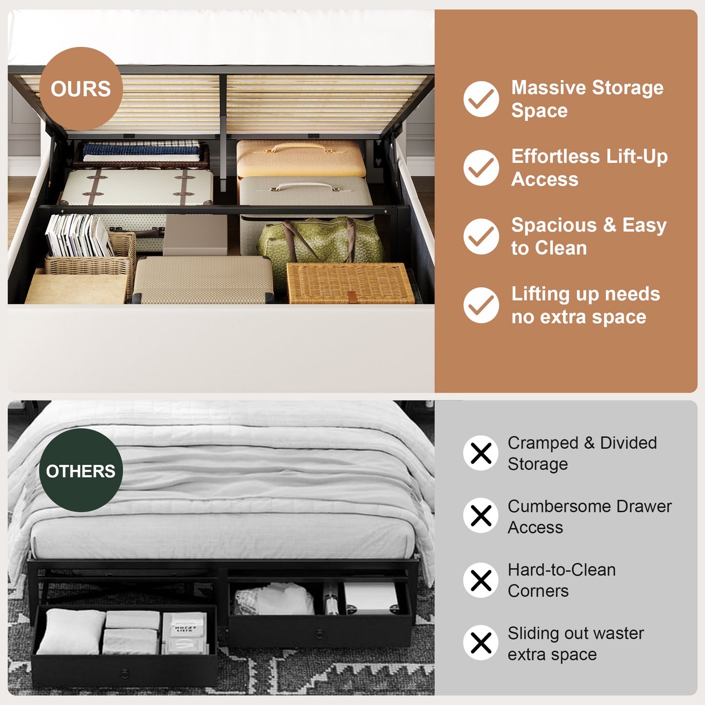 Amolife Hydraulic Lift-Up Storage Bed Frame, LED Headboard with Fast Charging (USB/Type-C), 2-Tier Shelves & Velvet Upholstered