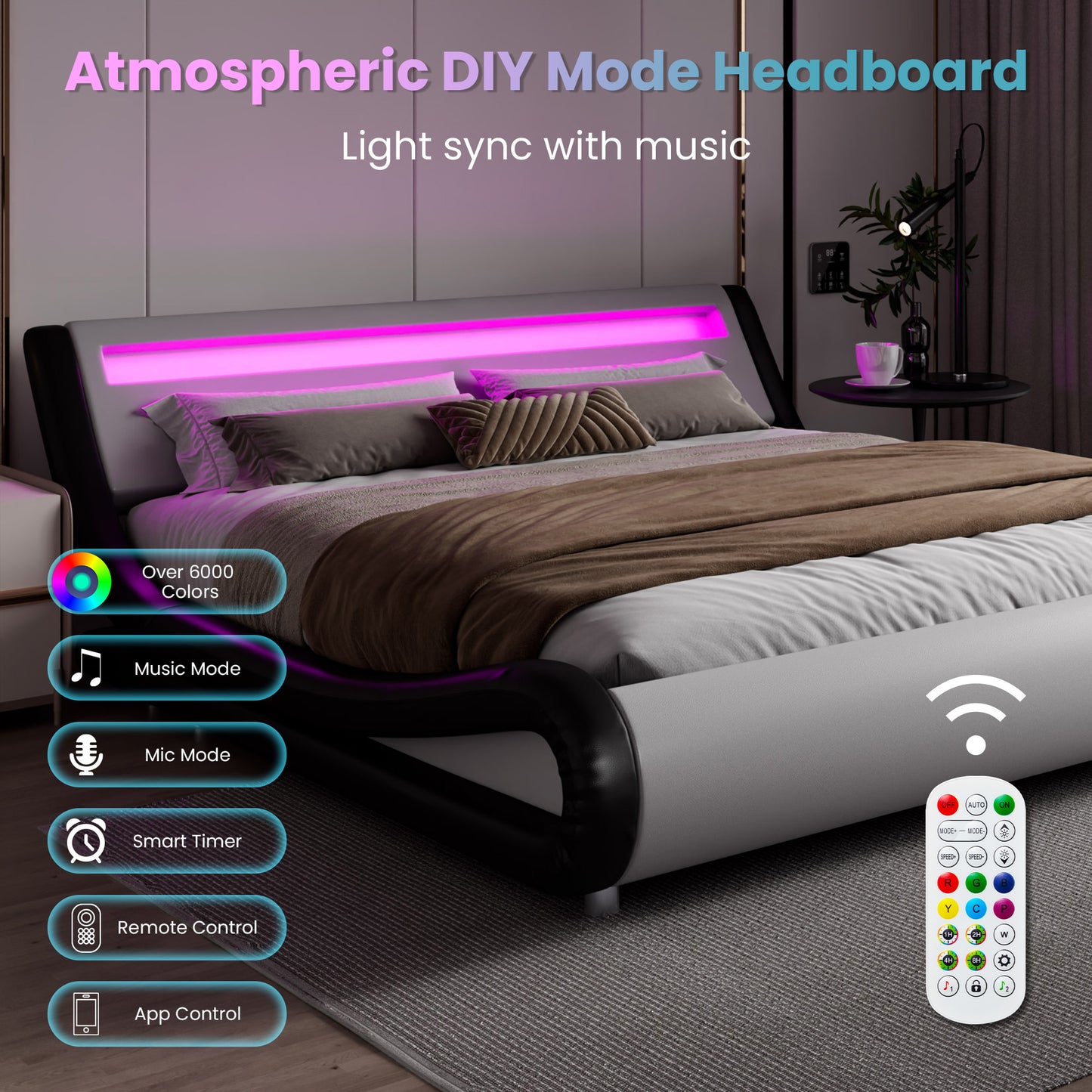 Wave Like Curve Deluxe Upholstered Modern Bed Frame with LED Headboard