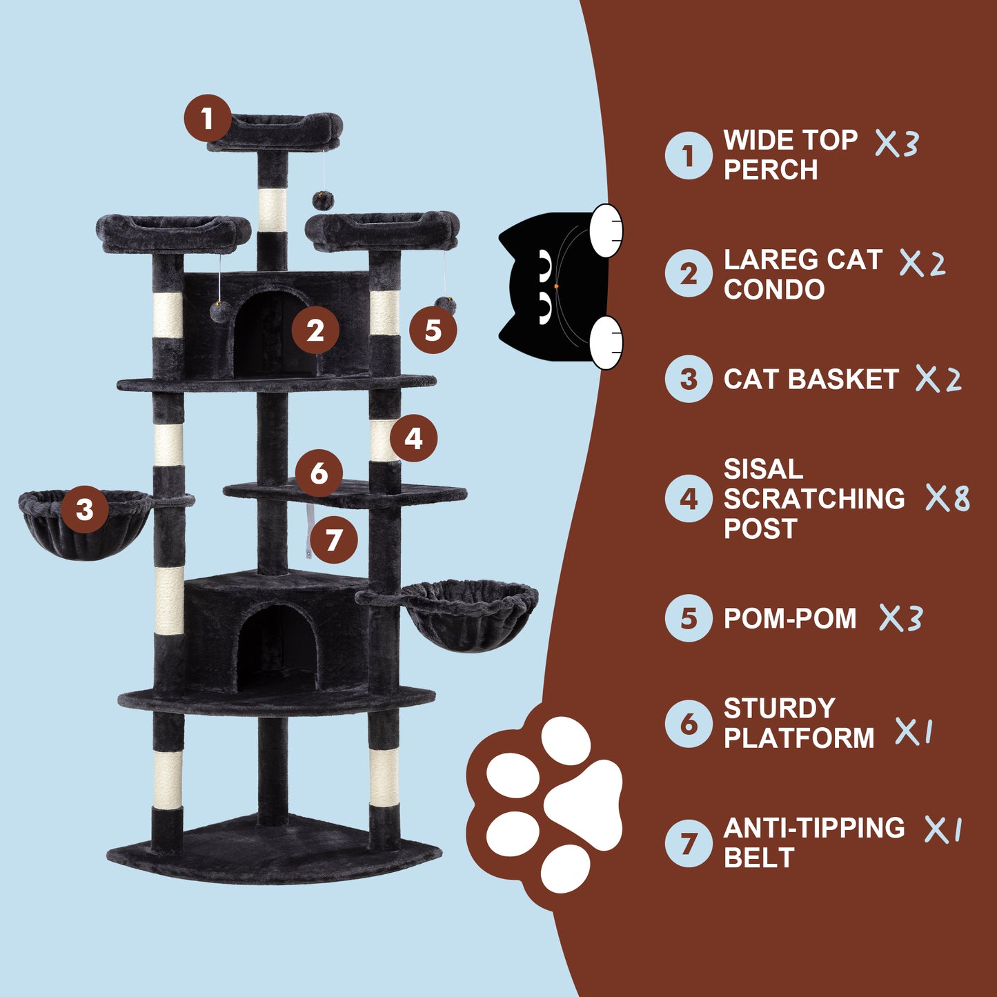Amolife 73.6" Extra Large Corner Cat Tree, Fan-Shaped Tower with Scratching Posts & Condo House for Indoor Cats