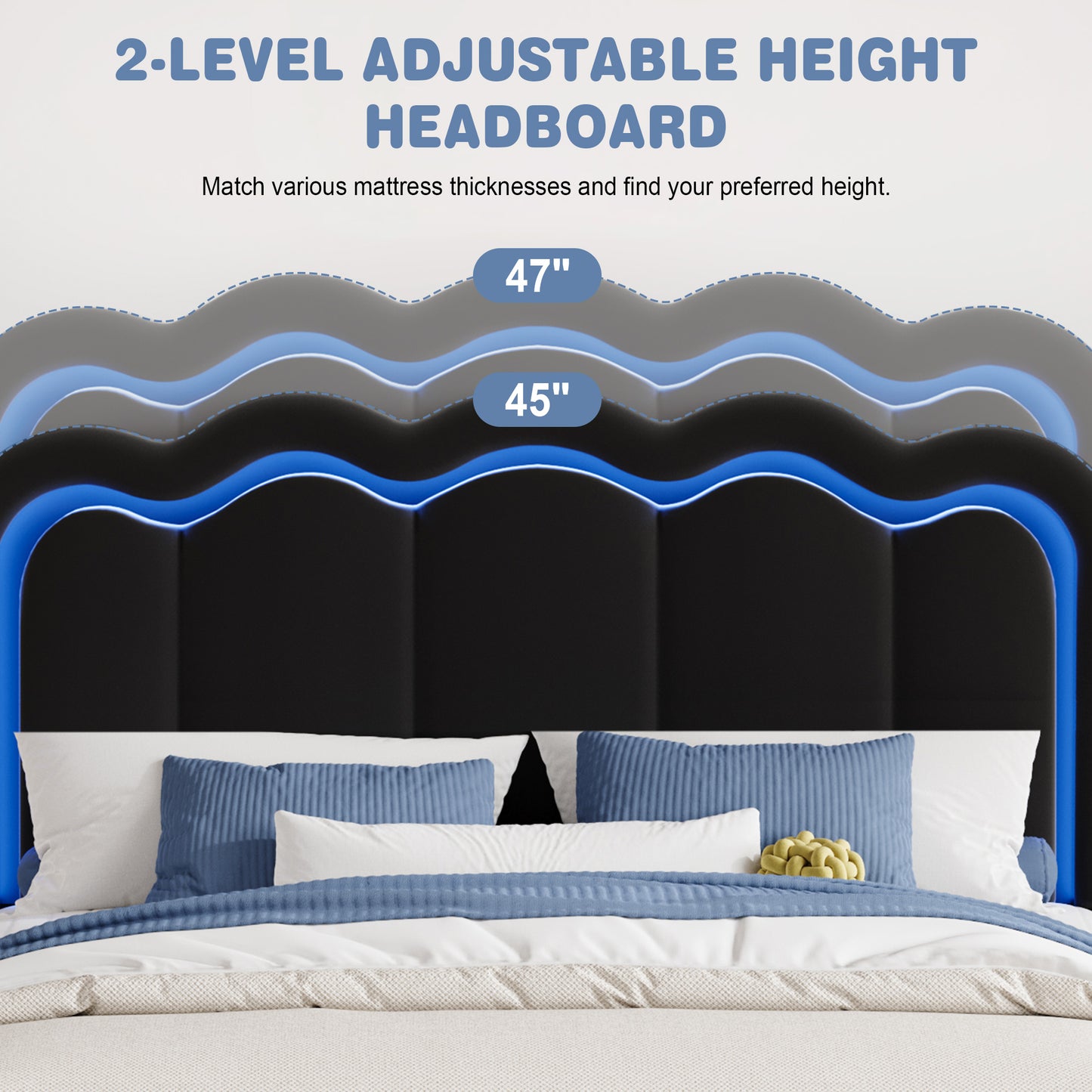 Amolife LED Bed Frame with Drawer, Velvet Upholstered Platform Bed Frame with Adjustable Wavy Headboard