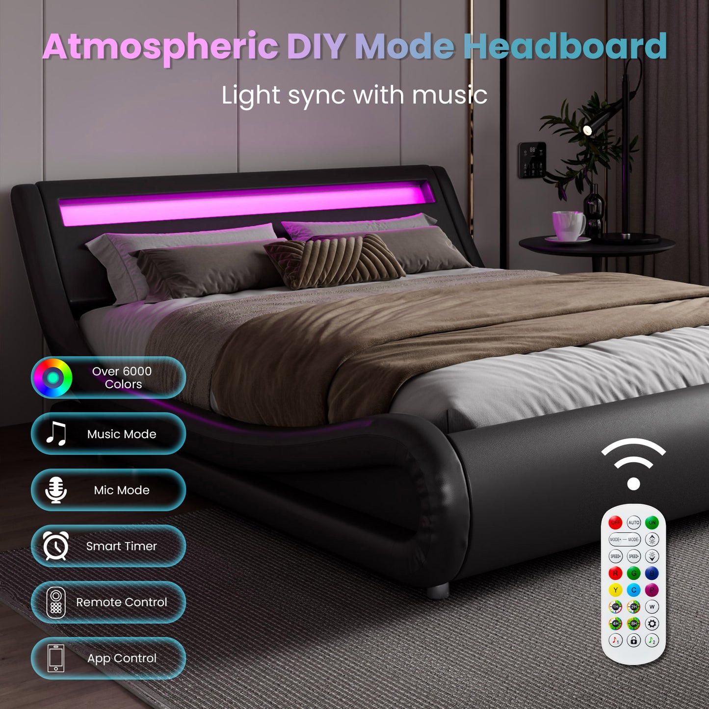 Wave Like Curve Deluxe Upholstered Modern Bed Frame with LED Headboard