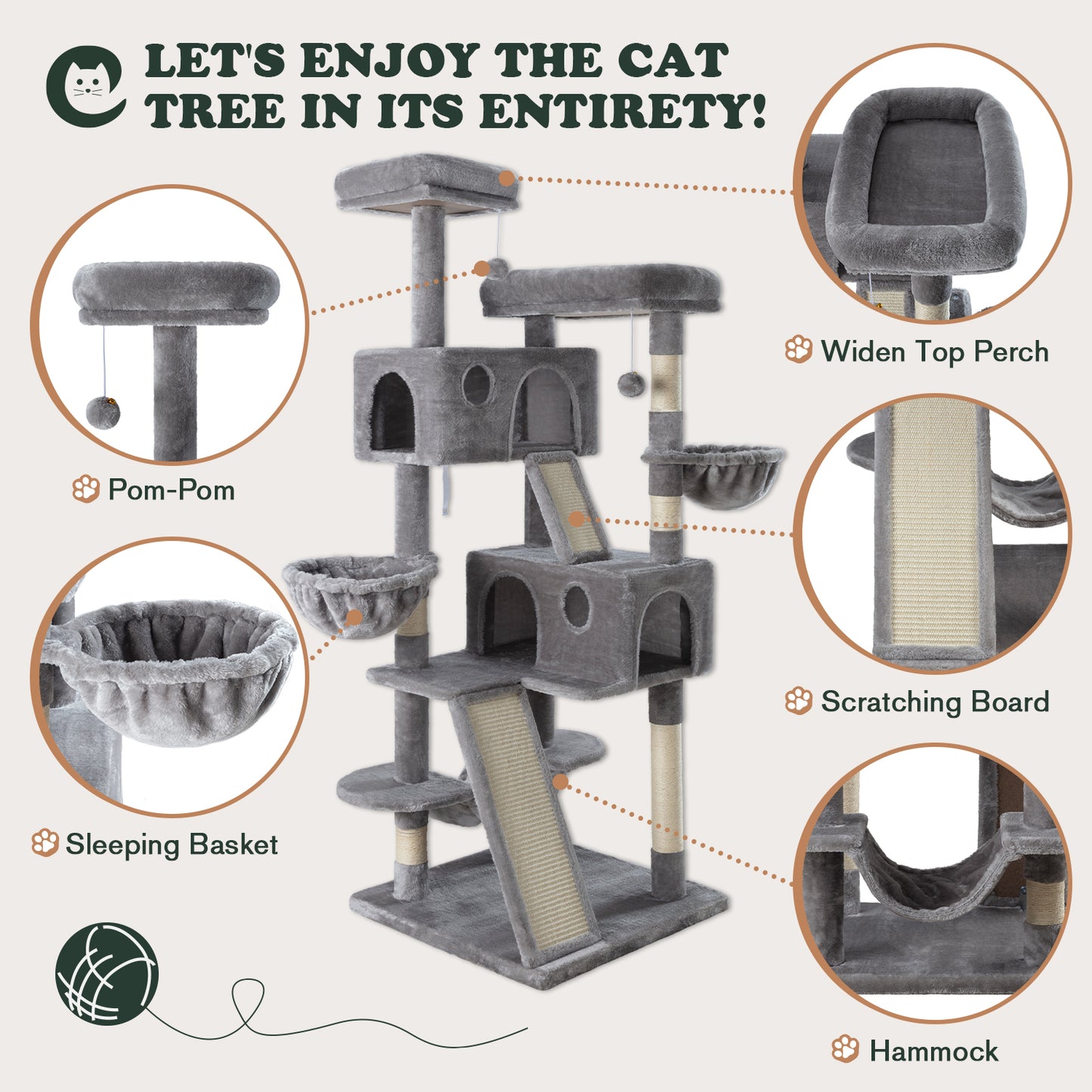 Amolife 65.7" Cat Tree Tower Condo for Large Cats with Hammock, Scratching Post & Basket