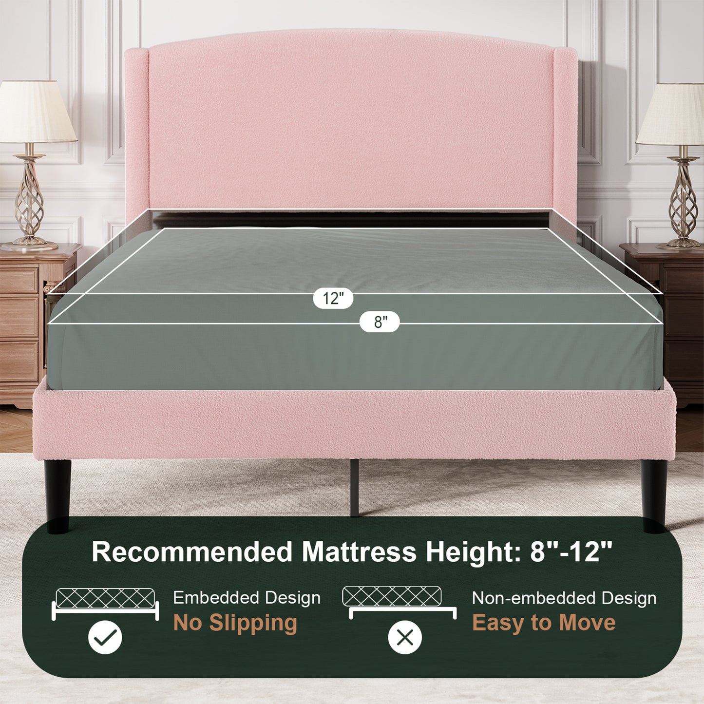 Amolife Bed Frame, Platform Upholstered Bed with Soft Teddy Fabric Curved Headboard
