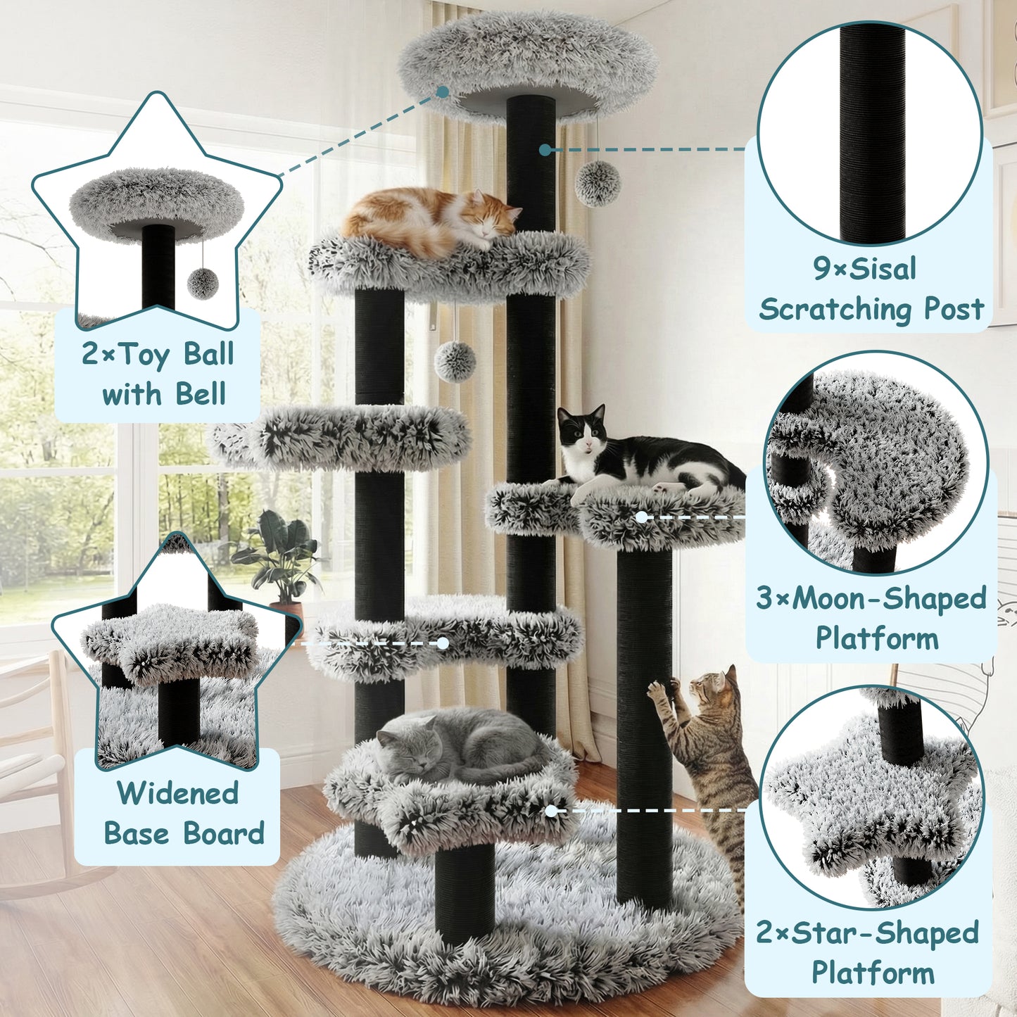 Amolife 61.5" Large Plush Cat Tree Tower with Platforms, 2 Toy Balls with bells, Scratching Posts and Widened Base for Indoor Cats and Kittens, Black and White