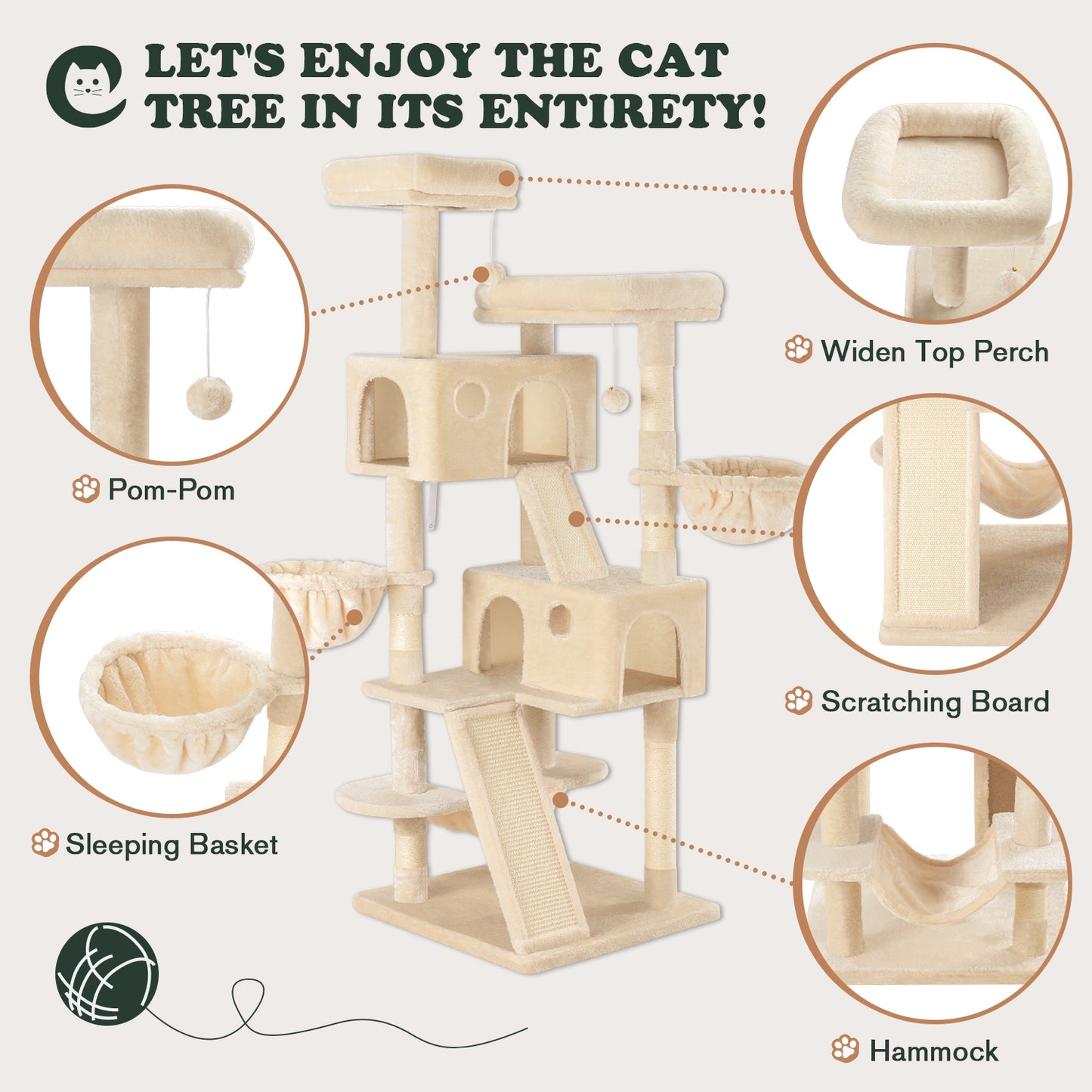 Amolife 65.7" Cat Tree Tower Condo for Large Cats with Hammock, Scratching Post & Basket