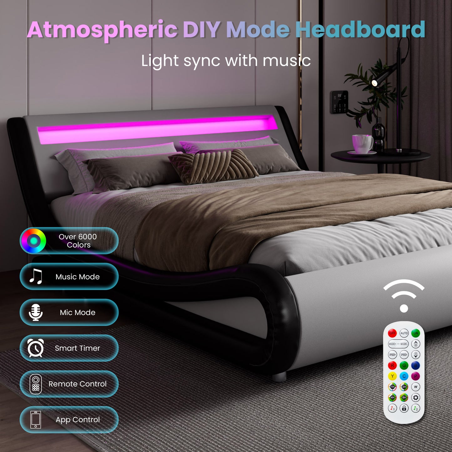 Wave Like Curve Deluxe Upholstered Modern Bed Frame with LED Headboard