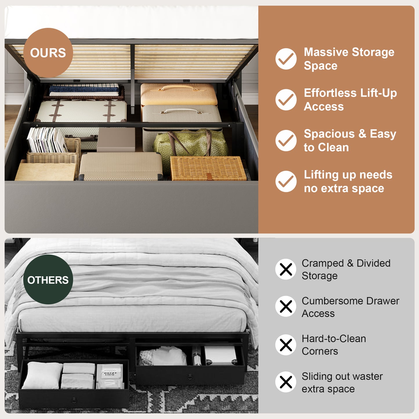 Amolife Hydraulic Lift-Up Storage Bed Frame, LED Headboard with Fast Charging (USB/Type-C), 2-Tier Shelves & Velvet Upholstered