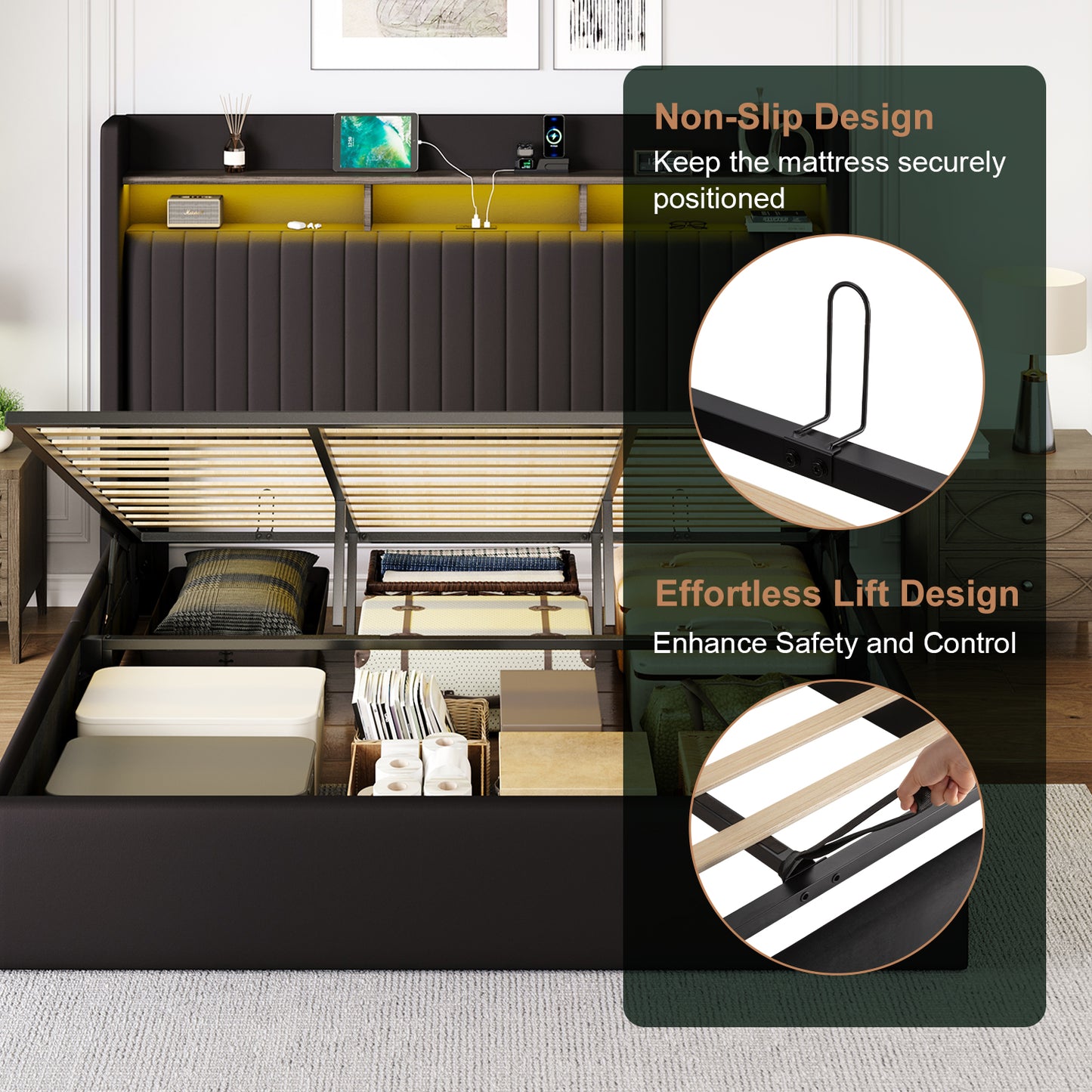 Amolife Hydraulic Lift-Up Storage Bed Frame, LED Headboard with Fast Charging (USB/Type-C), 2-Tier Shelves & Velvet Upholstered