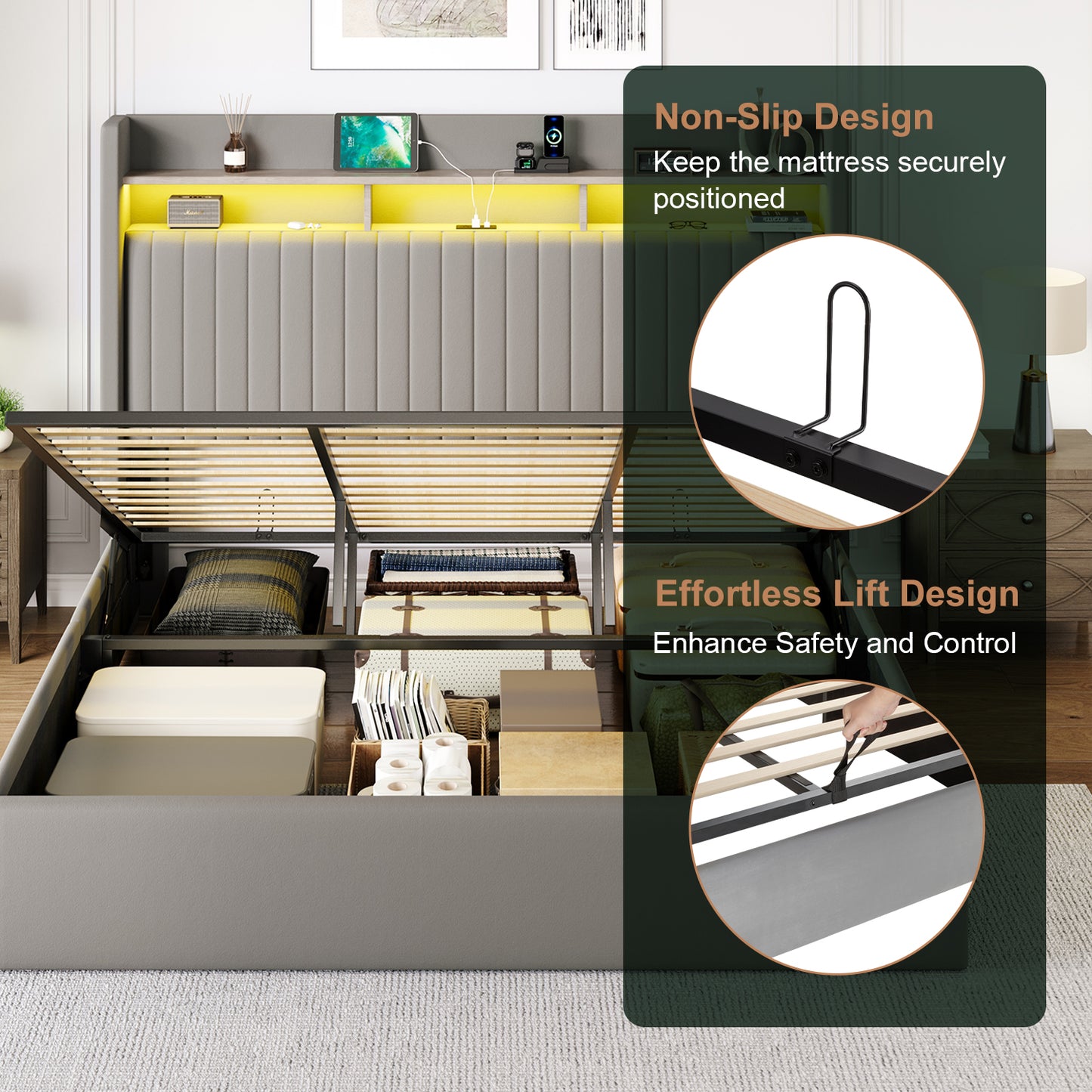 Amolife Hydraulic Lift-Up Storage Bed Frame, LED Headboard with Fast Charging (USB/Type-C), 2-Tier Shelves & Velvet Upholstered