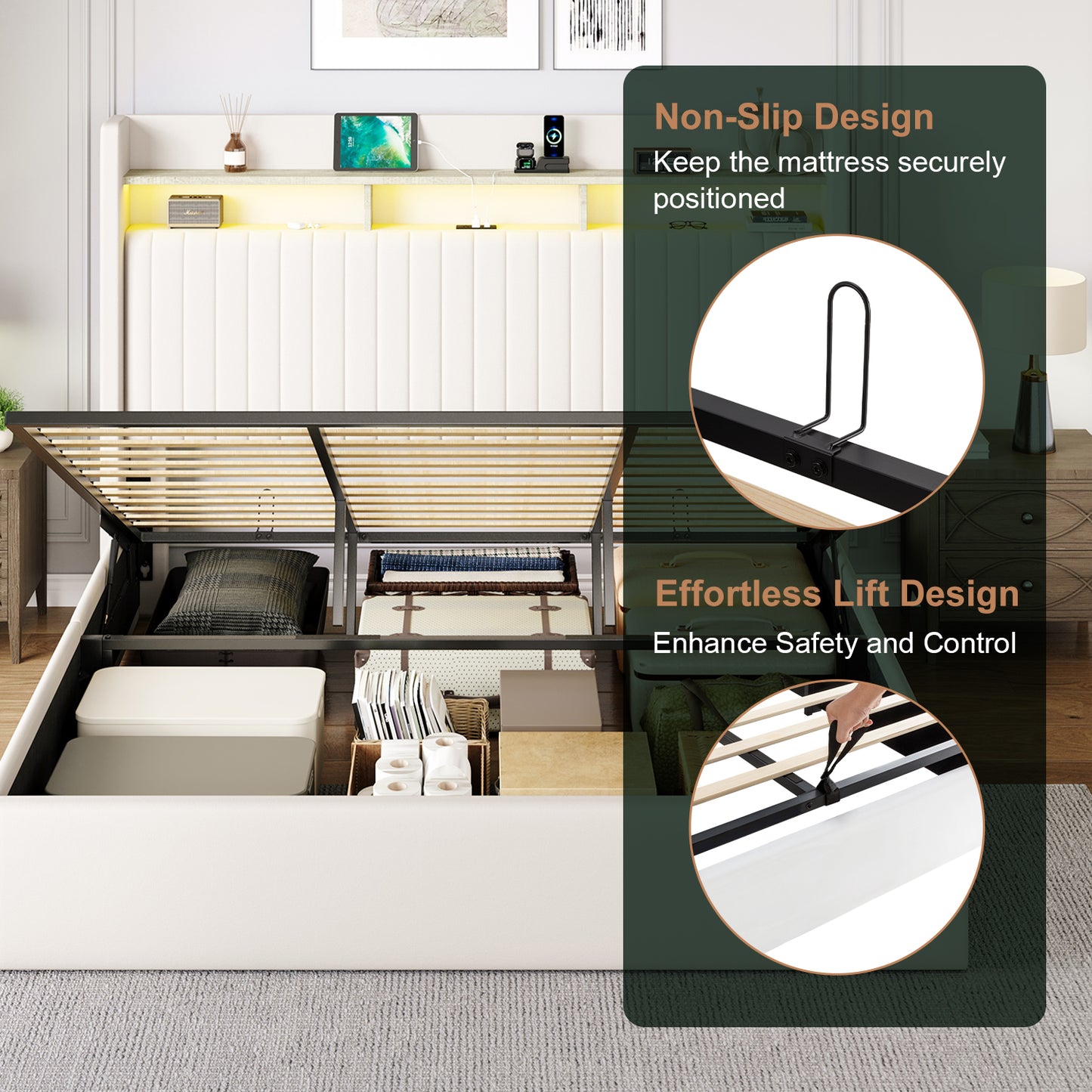 Amolife Hydraulic Lift-Up Storage Bed Frame, LED Headboard with Fast Charging (USB/Type-C), 2-Tier Shelves & Velvet Upholstered