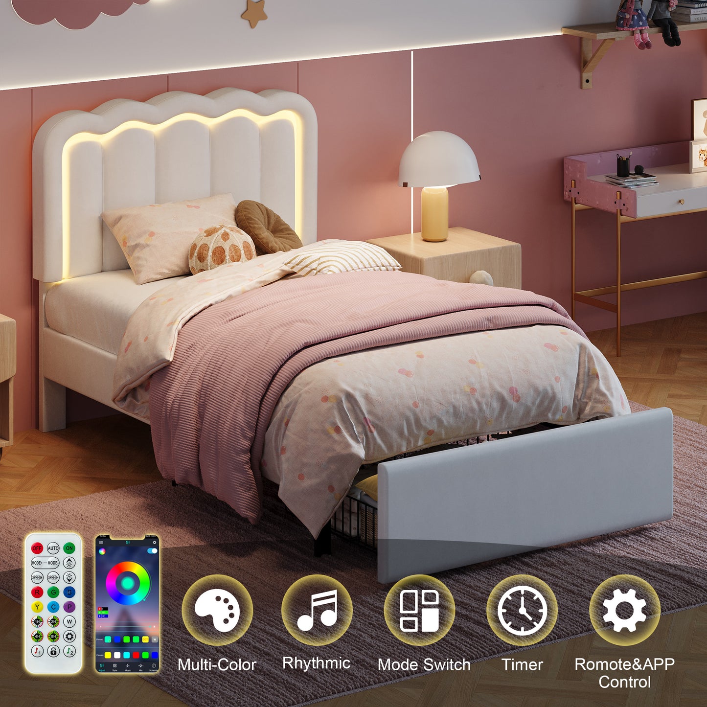 Amolife LED Bed Frame with Drawer, Velvet Upholstered Platform Bed Frame with Adjustable Wavy Headboard