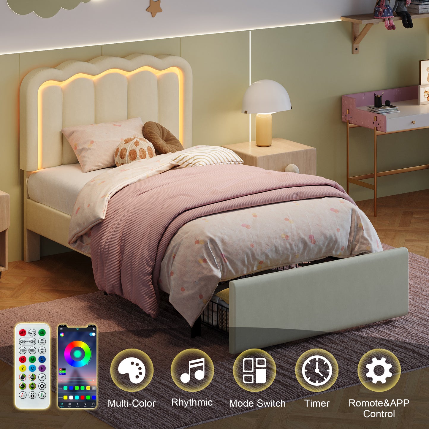 Amolife LED Bed Frame with Drawer, Velvet Upholstered Platform Bed Frame with Adjustable Wavy Headboard