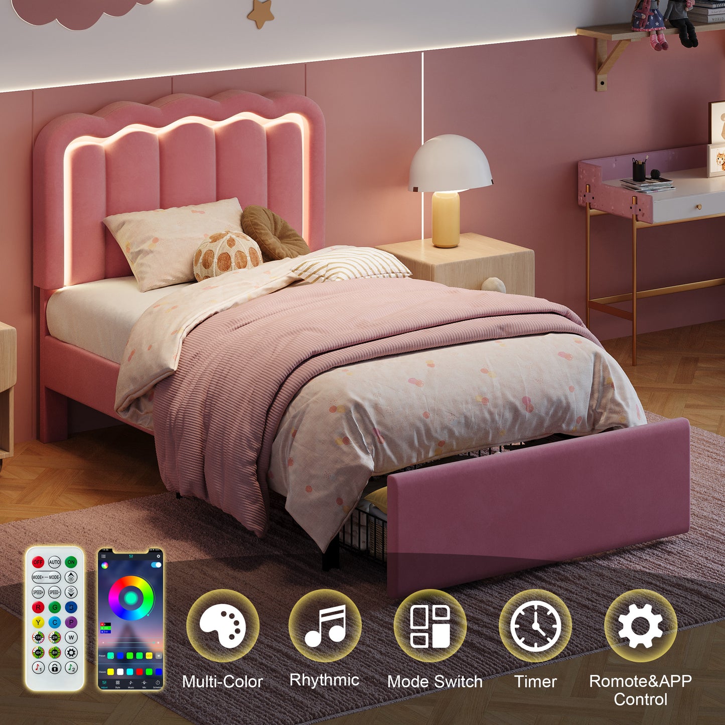 Amolife LED Bed Frame with Drawer, Velvet Upholstered Platform Bed Frame with Adjustable Wavy Headboard