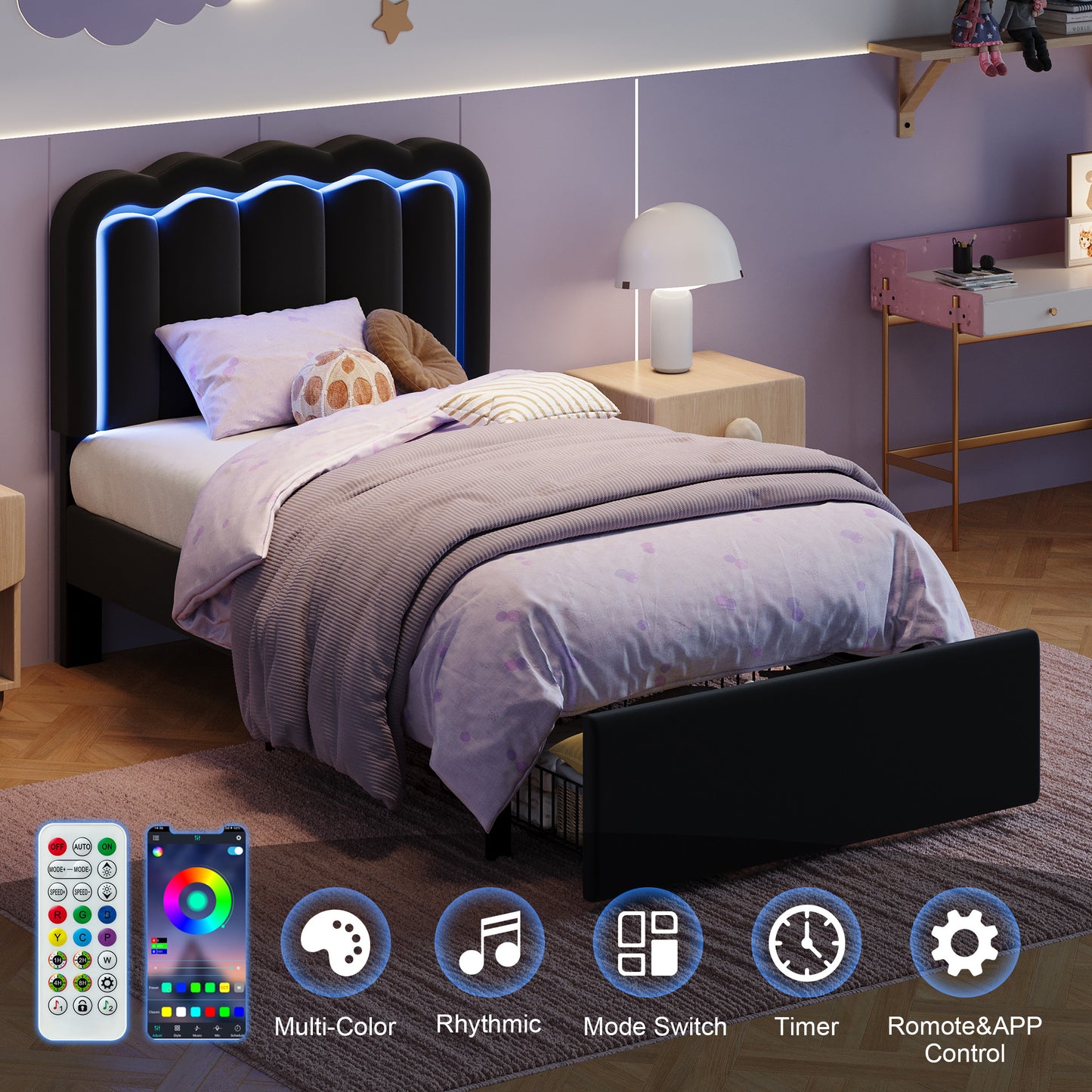 Amolife LED Bed Frame with Drawer, Velvet Upholstered Platform Bed Frame with Adjustable Wavy Headboard