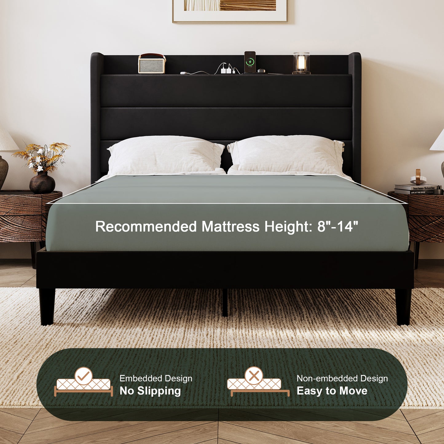 Amolife Platform Bed Frame with Upholstered Velvet Wingback Slat Headboard & Built-In Charging Station