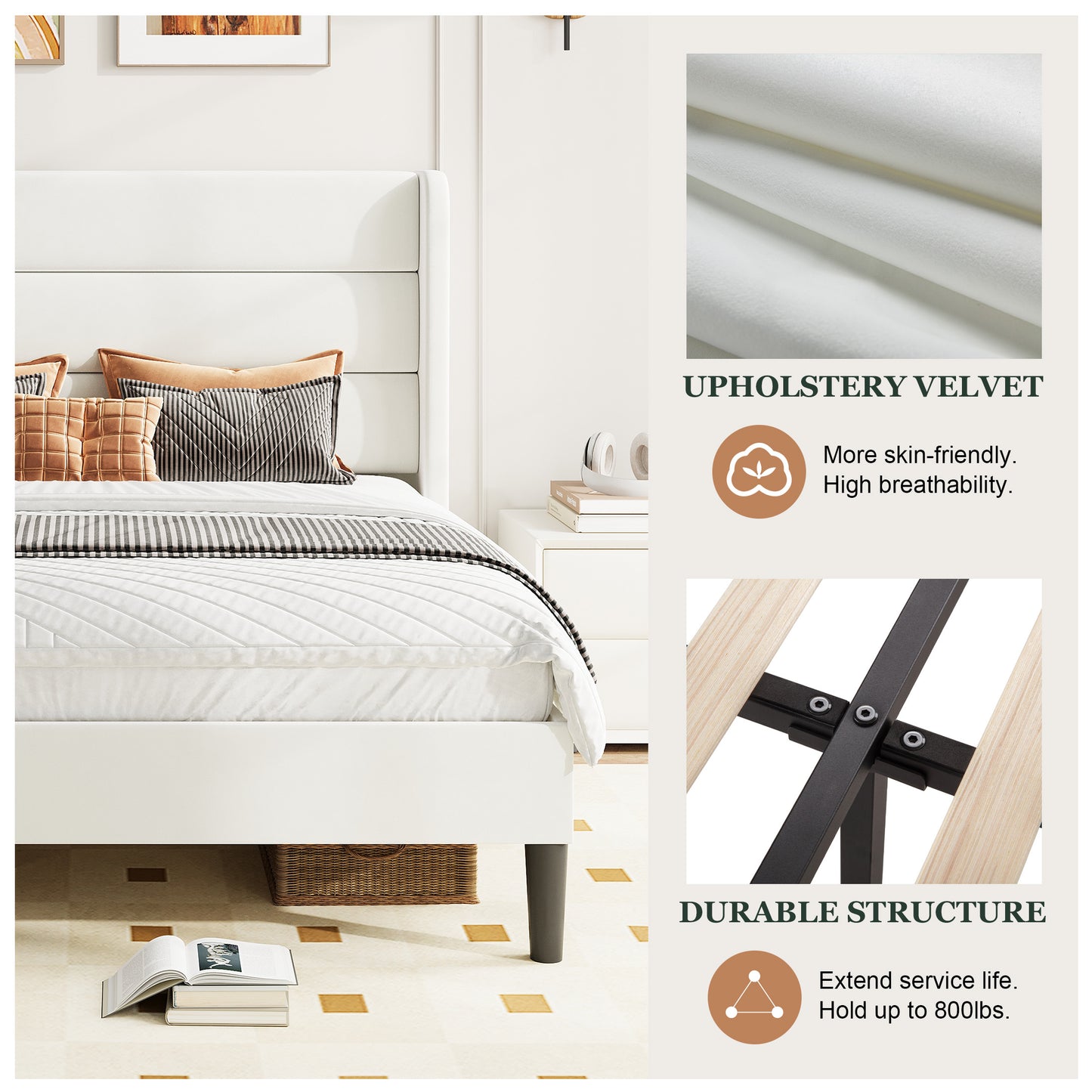 Amolife Platform Bed Frame with Velvet Upholstered Wingback Headboard