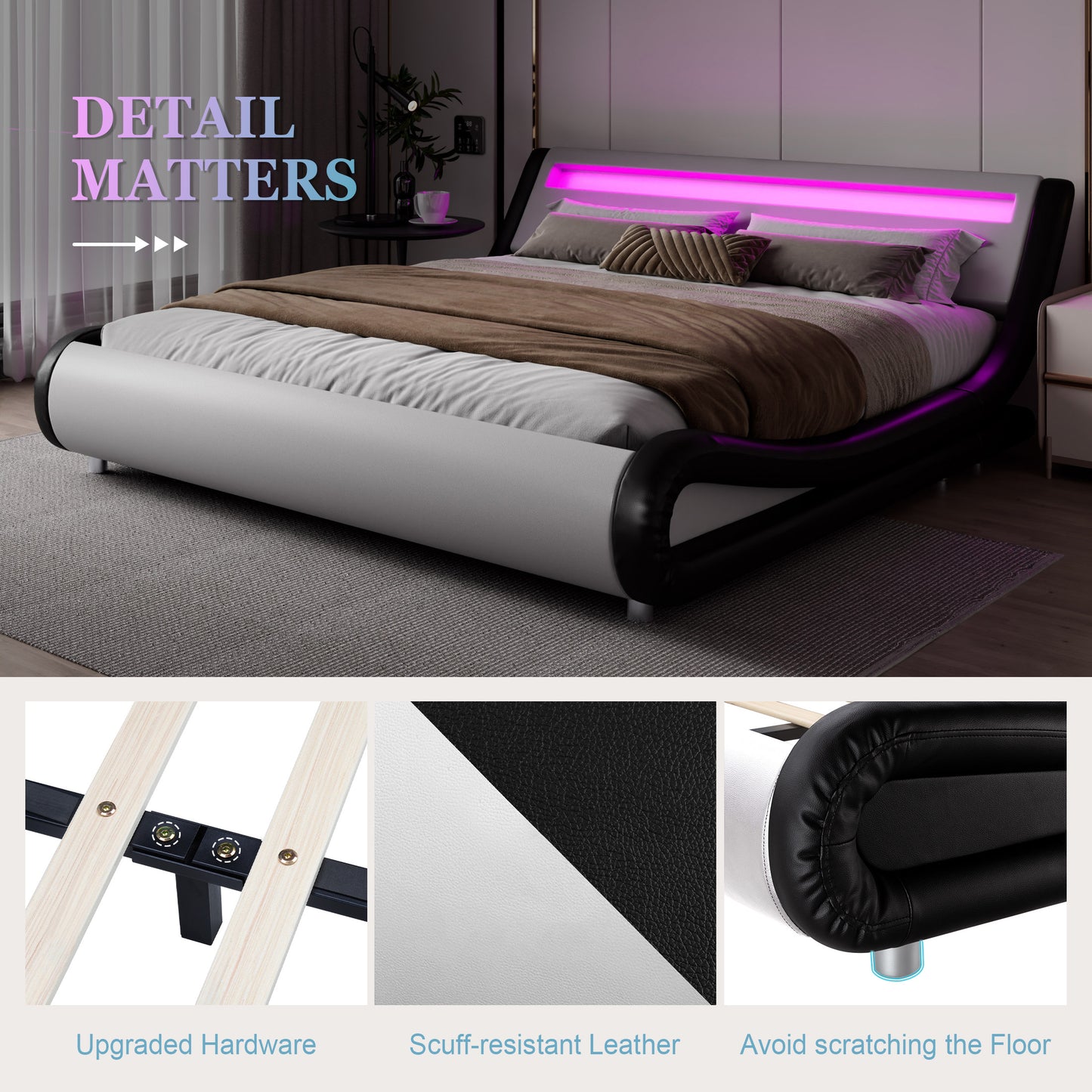 Wave Like Curve Deluxe Upholstered Modern Bed Frame with LED Headboard