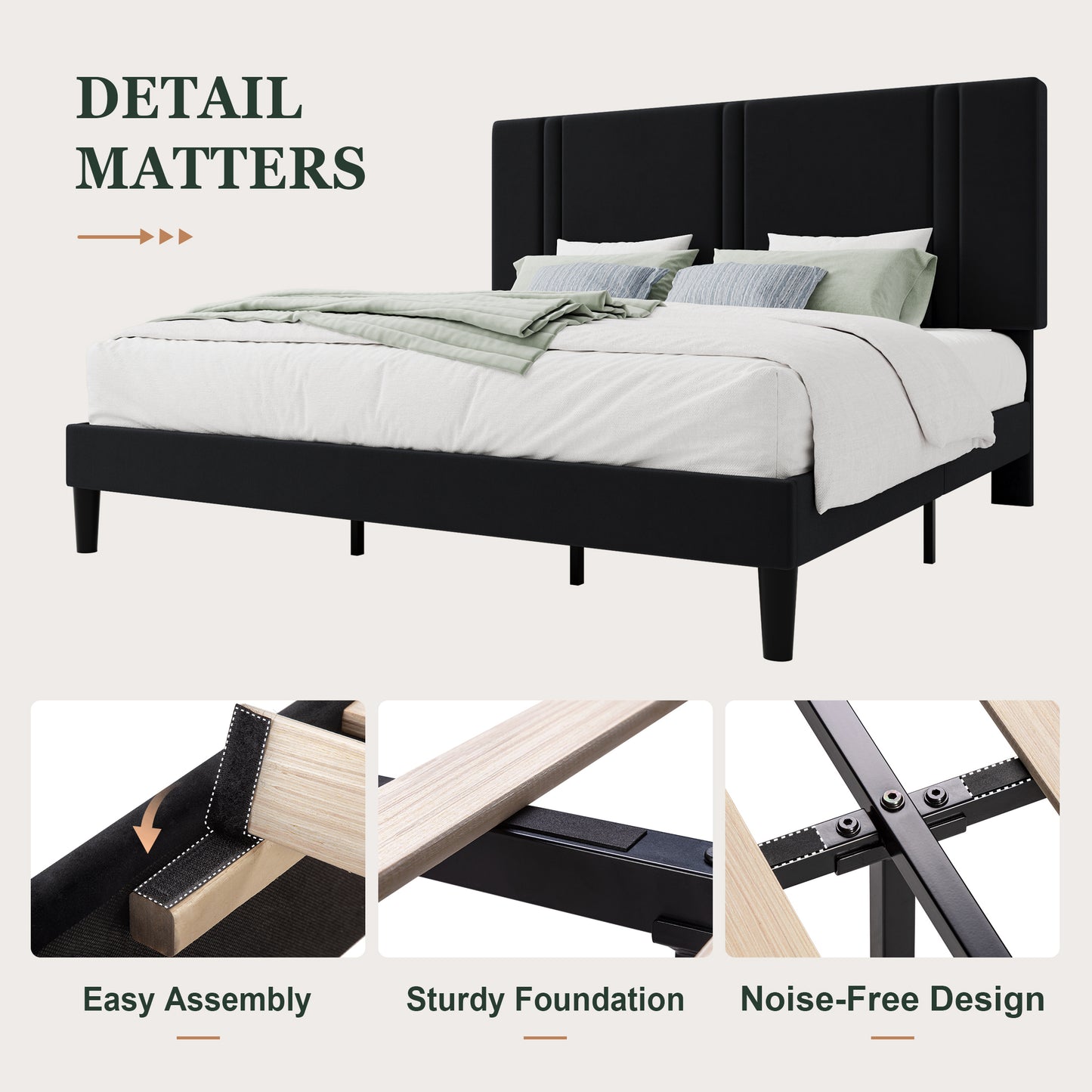 Amolife Bed Frame, Platform Bed with Upholstered Velvet Adjustable Headboard, Wooden Slats, Easy Assembly