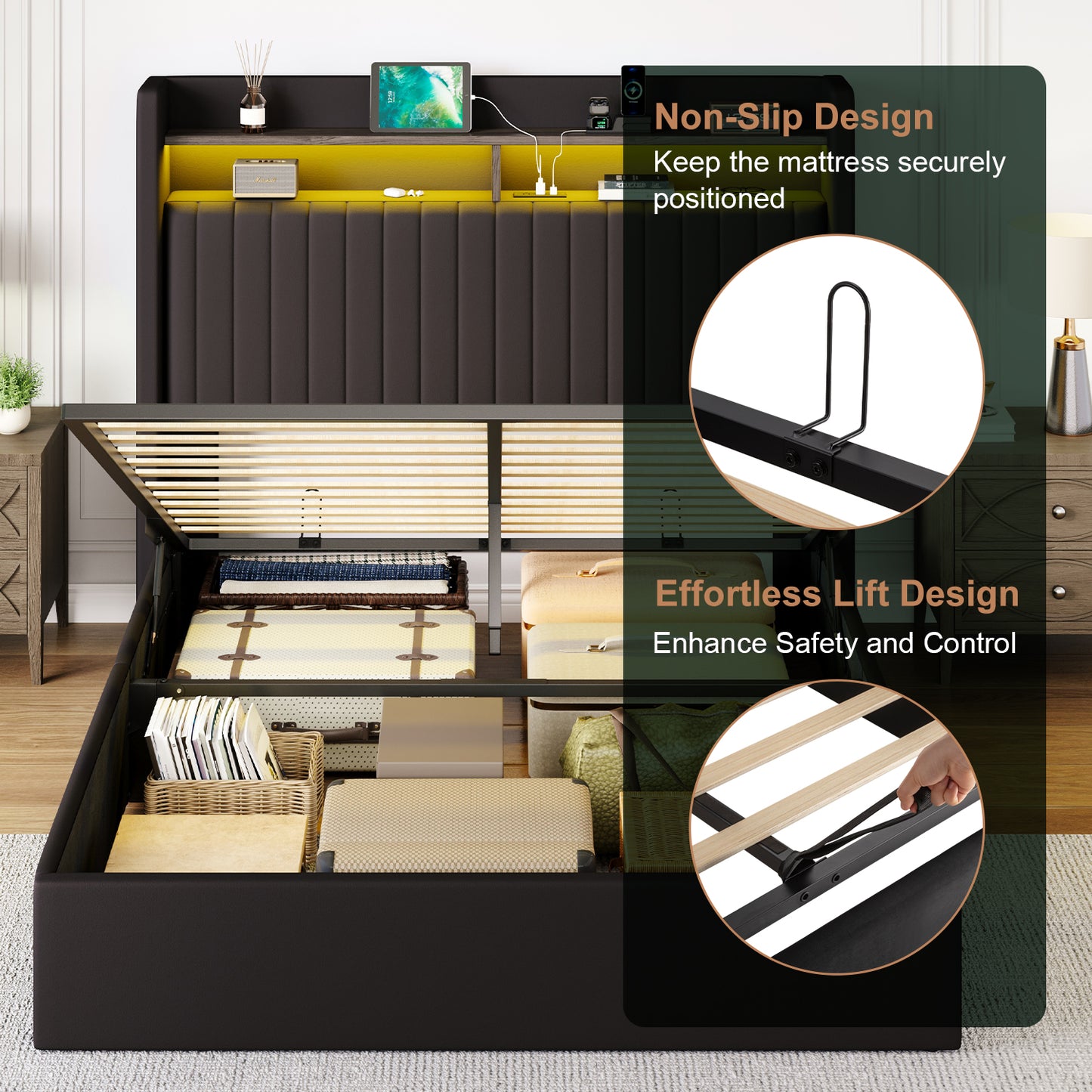 Amolife Hydraulic Lift-Up Storage Bed Frame, LED Headboard with Fast Charging (USB/Type-C), 2-Tier Shelves & Velvet Upholstered