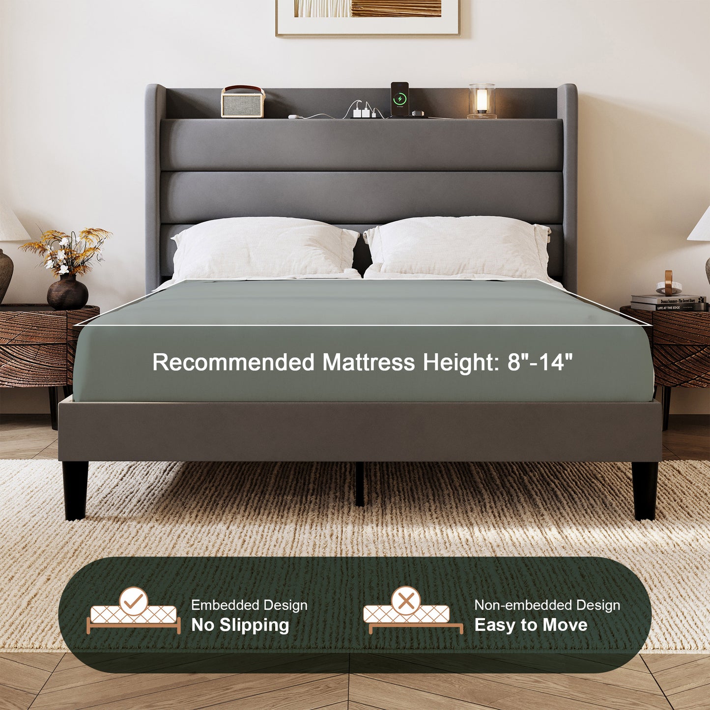 Amolife Platform Bed Frame with Upholstered Velvet Wingback Slat Headboard & Built-In Charging Station