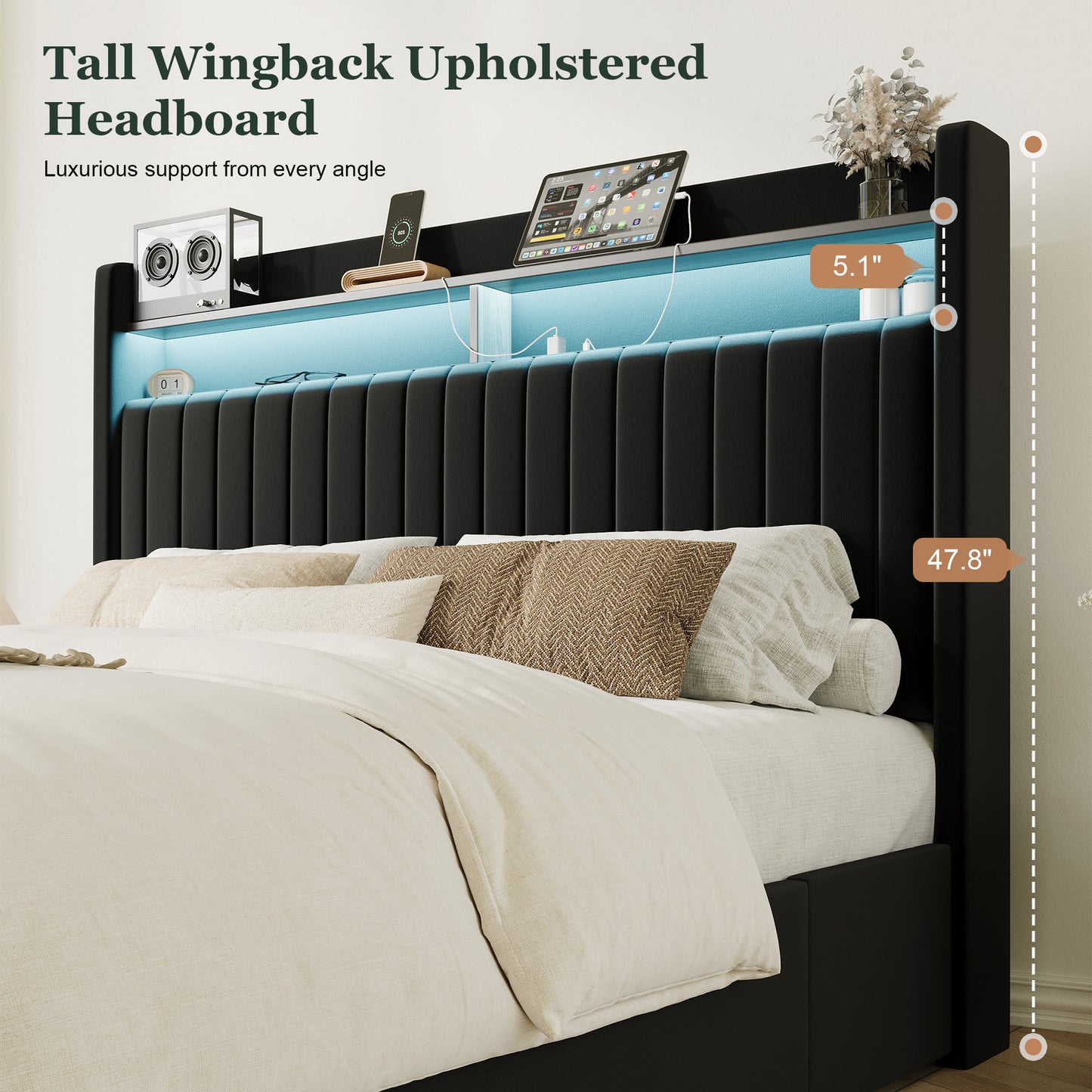 Amolife Bed Frame, Upholstered Storage Bed with 2 Shelves LED Wingback Headboard, 3 Drawers & USB Ports