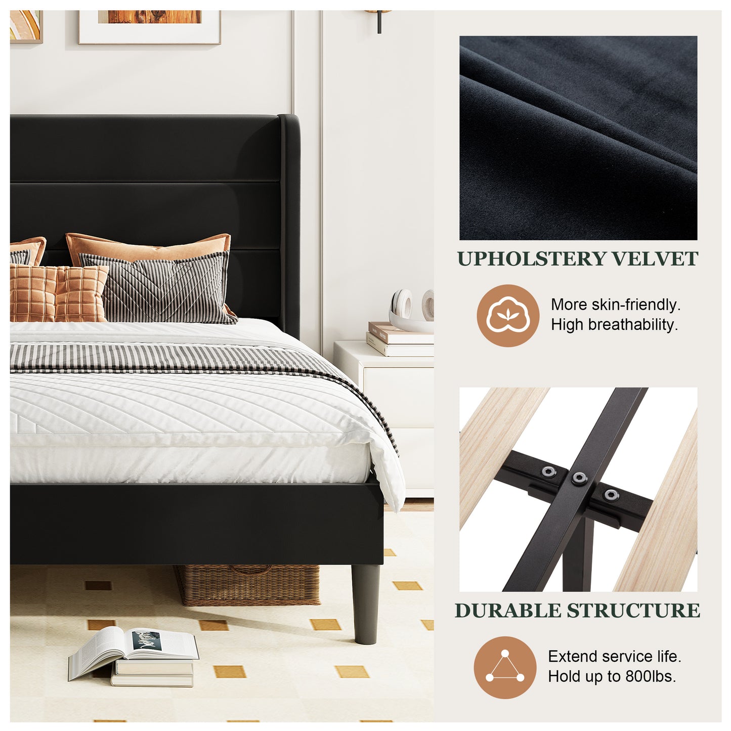 Amolife Platform Bed Frame with Velvet Upholstered Wingback Headboard