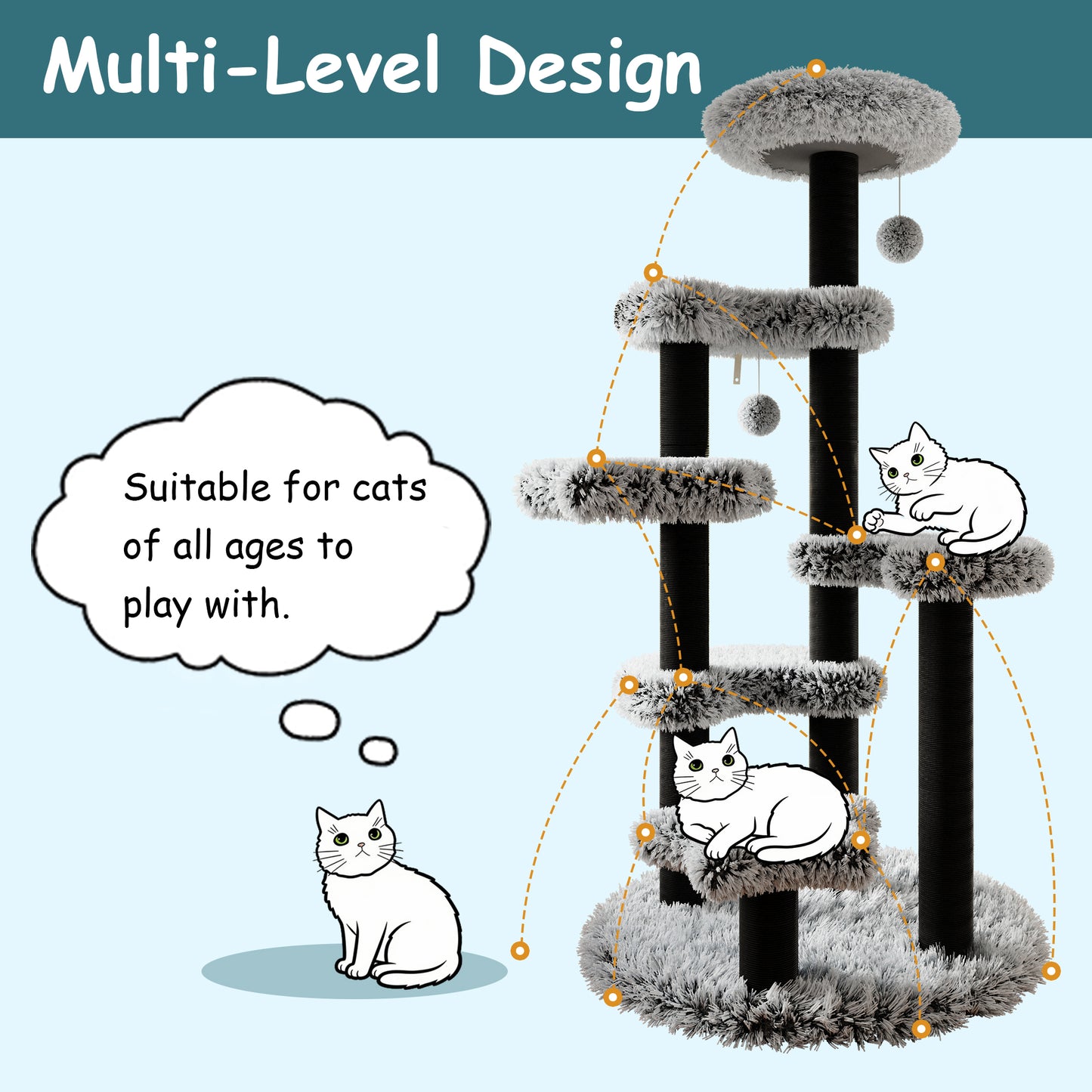 Amolife 61.5" Large Plush Cat Tree Tower with Platforms, 2 Toy Balls with bells, Scratching Posts and Widened Base for Indoor Cats and Kittens, Black and White