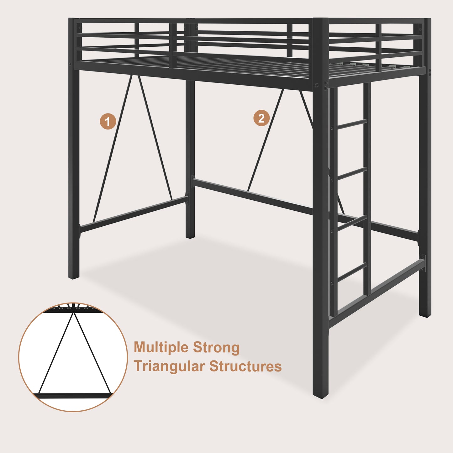 Loft Bed Frame for Juniors&Adults, Metal Loft Bed Twin Size with Safety Guardrail&Removable Ladder, Space-Saving, Noise Free