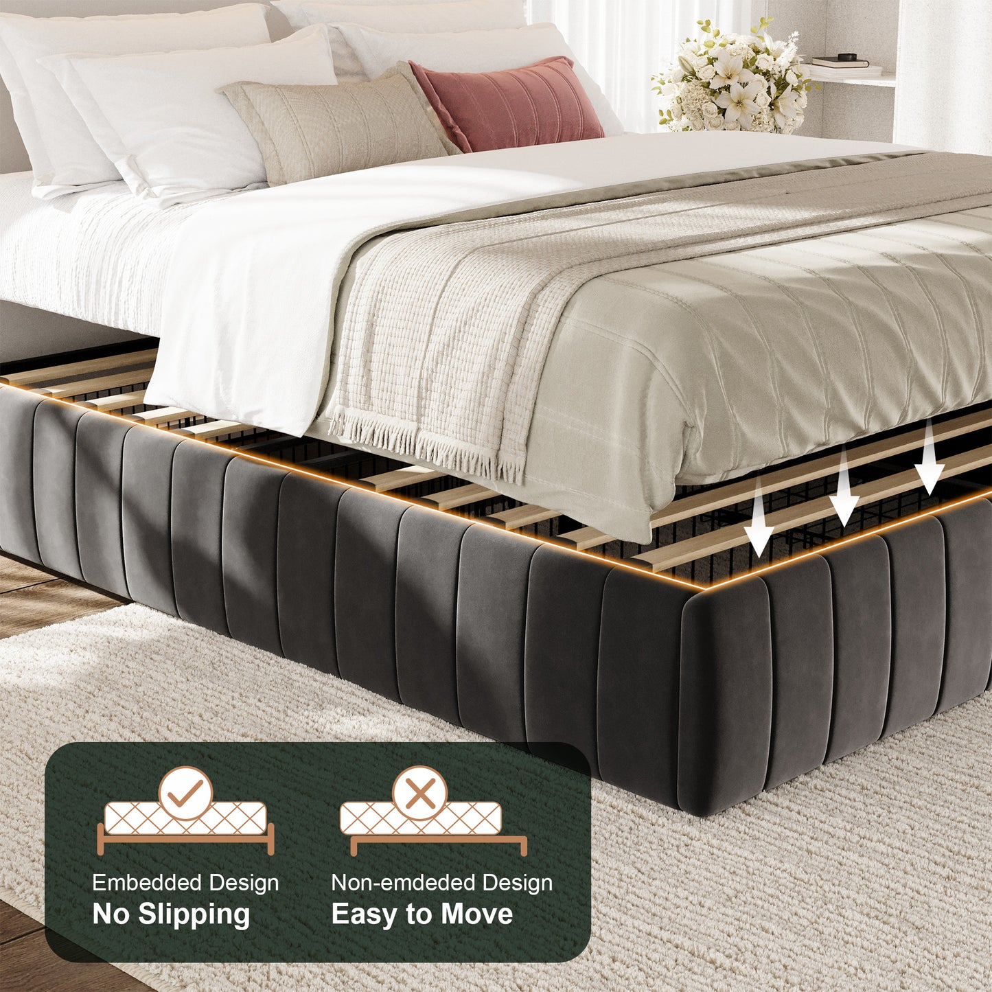 Amolife Bed Frame, Platform Storage Bed with 4 Large Velvet Storage Drawers, Wooden Slats