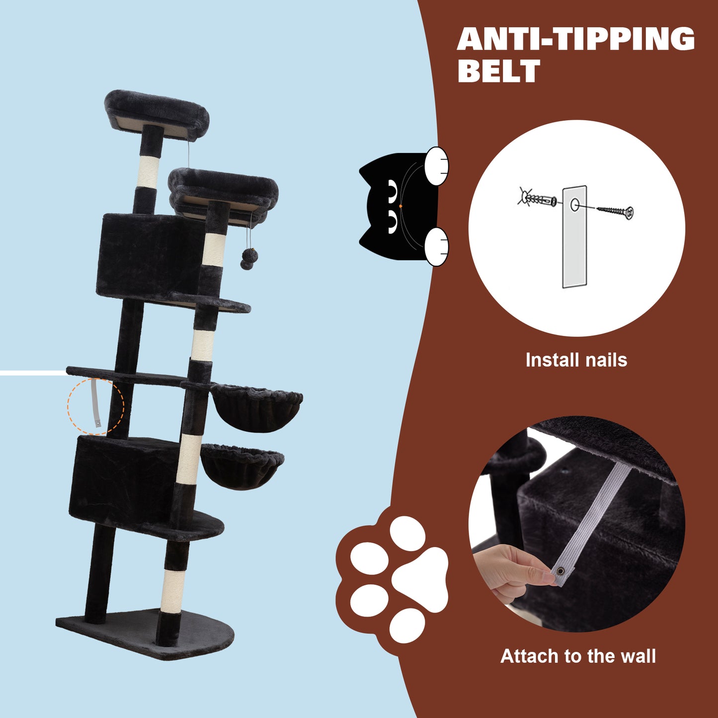 Amolife 73.6" Extra Large Corner Cat Tree, Fan-Shaped Tower with Scratching Posts & Condo House for Indoor Cats