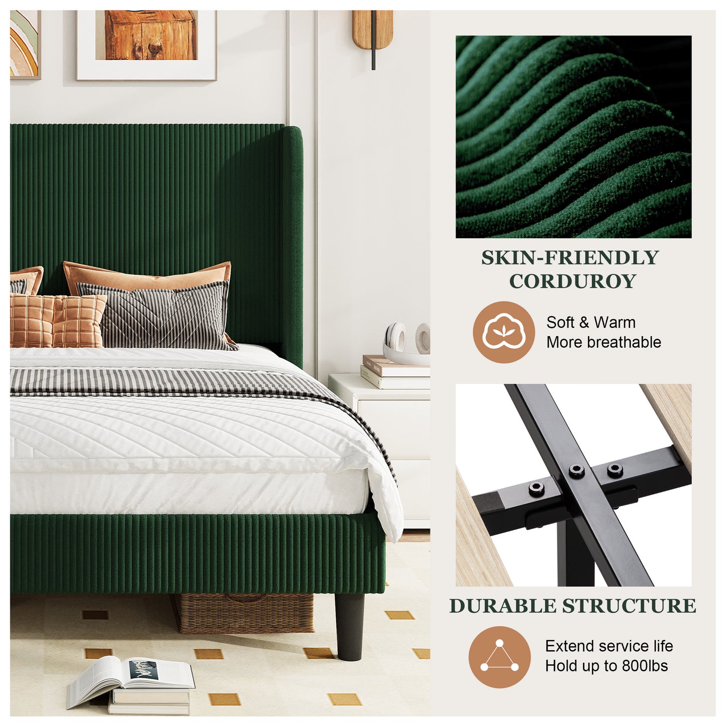 Amolife platform Bed Frame with Upholstered Wingback Headboard, Vertical Channel Tufted Corduroy Velvet