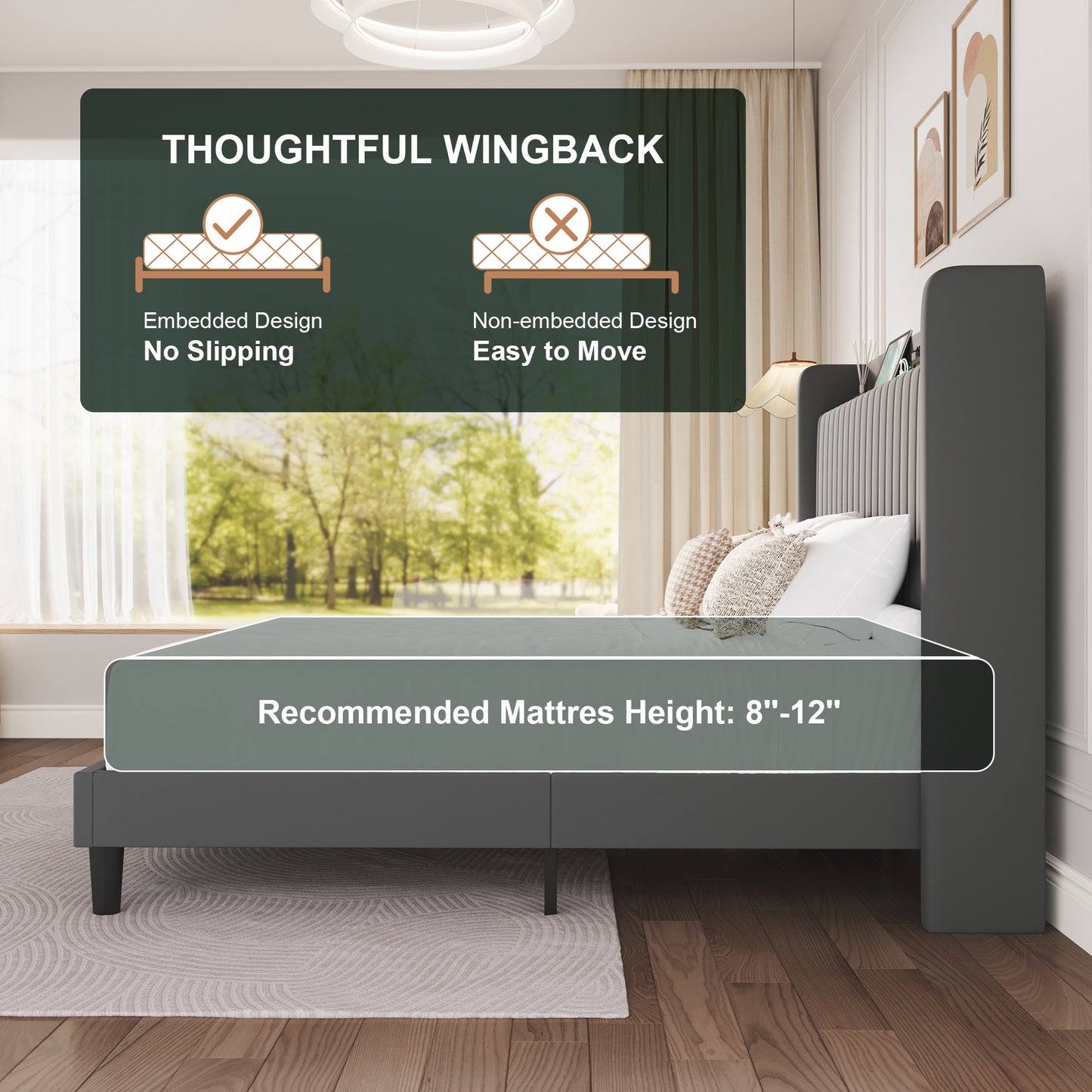 Amolife Bed Frame with Advanced 4-in-1 Charging Hub (2 AC Outlets, 1 Type-C, 1 USB) & Storage Shelf, Upholstered Velvet Wingback Headboard