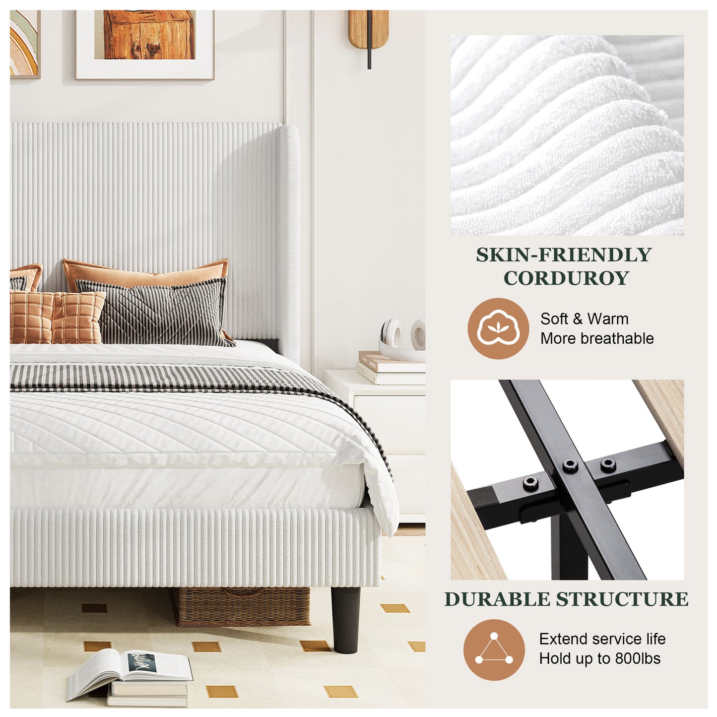 Amolife platform Bed Frame with Upholstered Wingback Headboard, Vertical Channel Tufted Corduroy Velvet