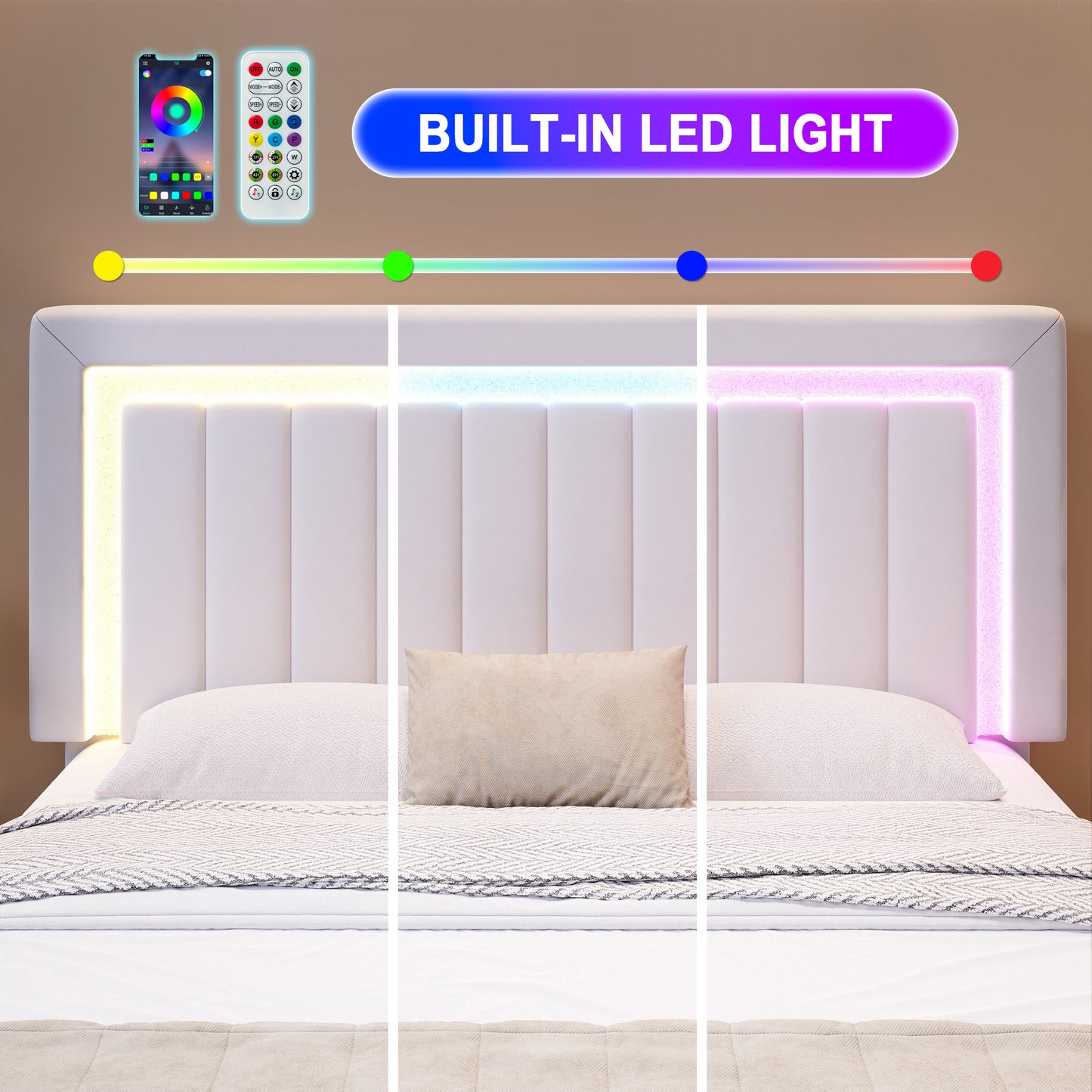 Amolife Bed Frame, Platform Bed with LED Light Velvet Vertical Channel Upholstered Headboard