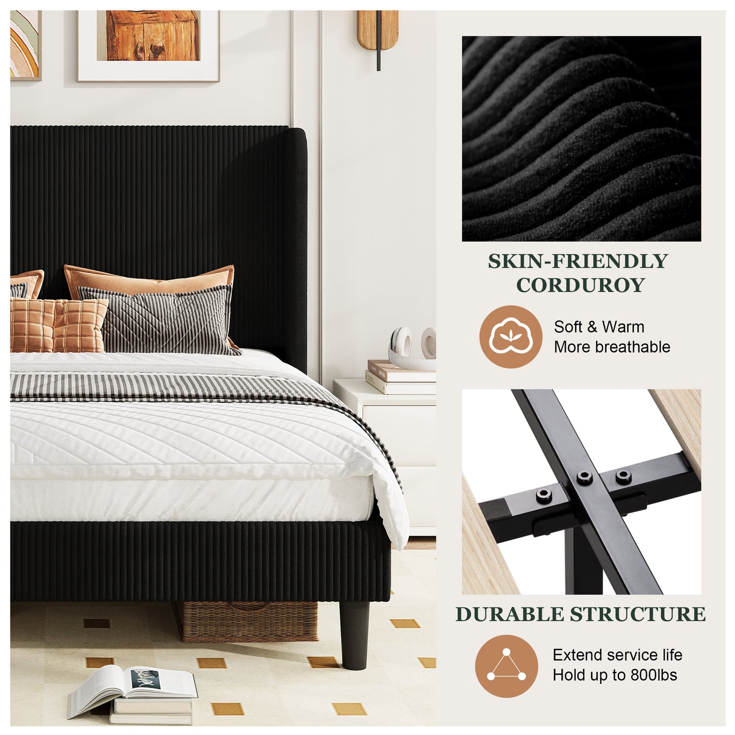 Amolife platform Bed Frame with Upholstered Wingback Headboard, Vertical Channel Tufted Corduroy Velvet