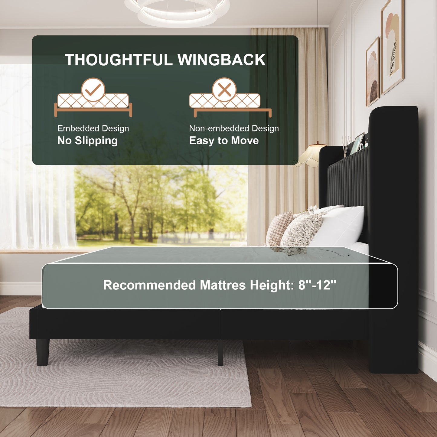 Amolife Bed Frame with Advanced 4-in-1 Charging Hub (2 AC Outlets, 1 Type-C, 1 USB) & Storage Shelf, Upholstered Velvet Wingback Headboard