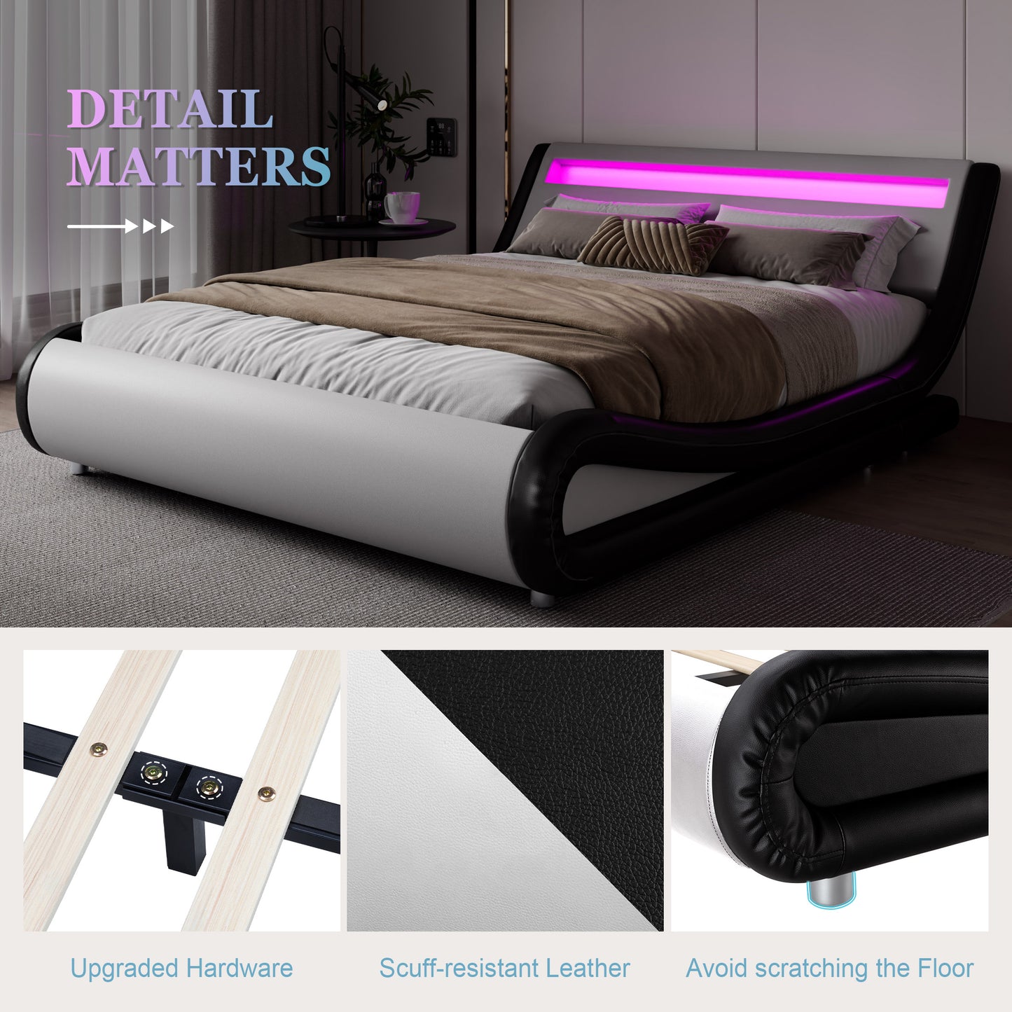 Wave Like Curve Deluxe Upholstered Modern Bed Frame with LED Headboard