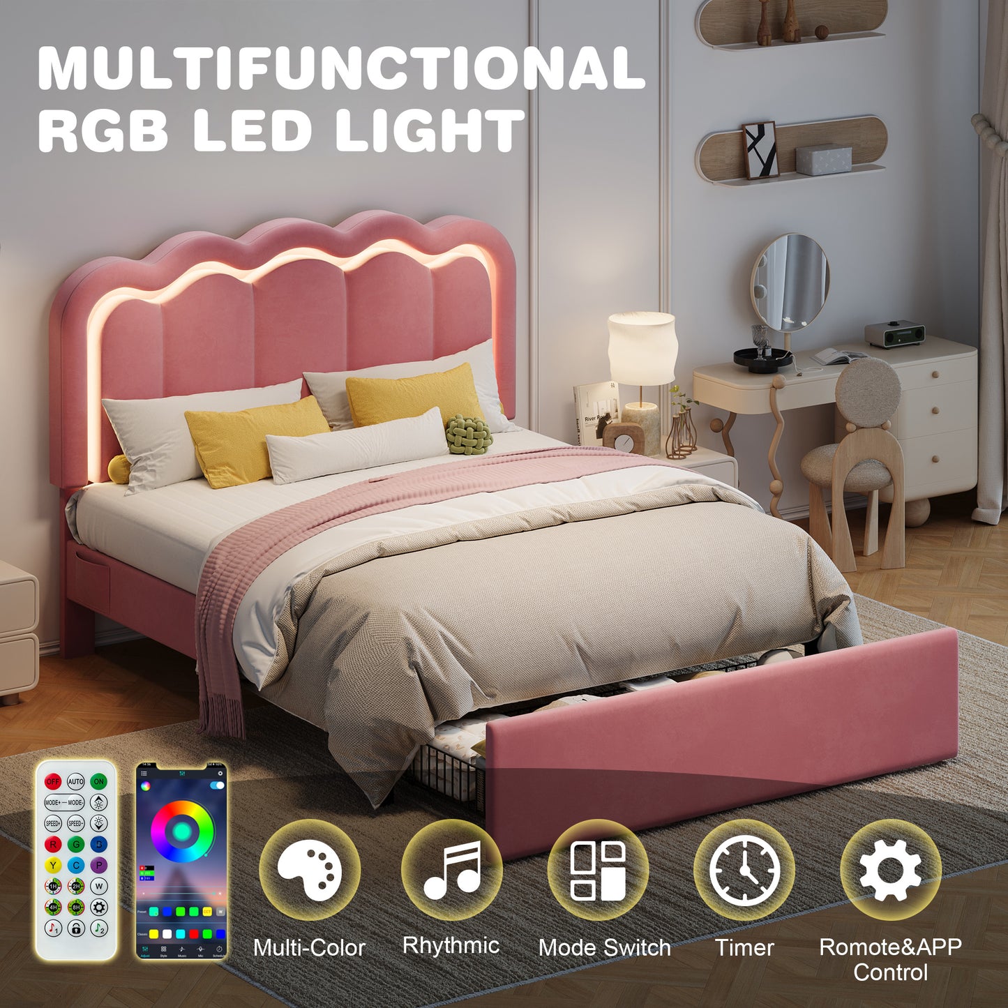 Amolife LED Bed Frame with Drawer, Velvet Upholstered Platform Bed Frame with Adjustable Wavy Headboard