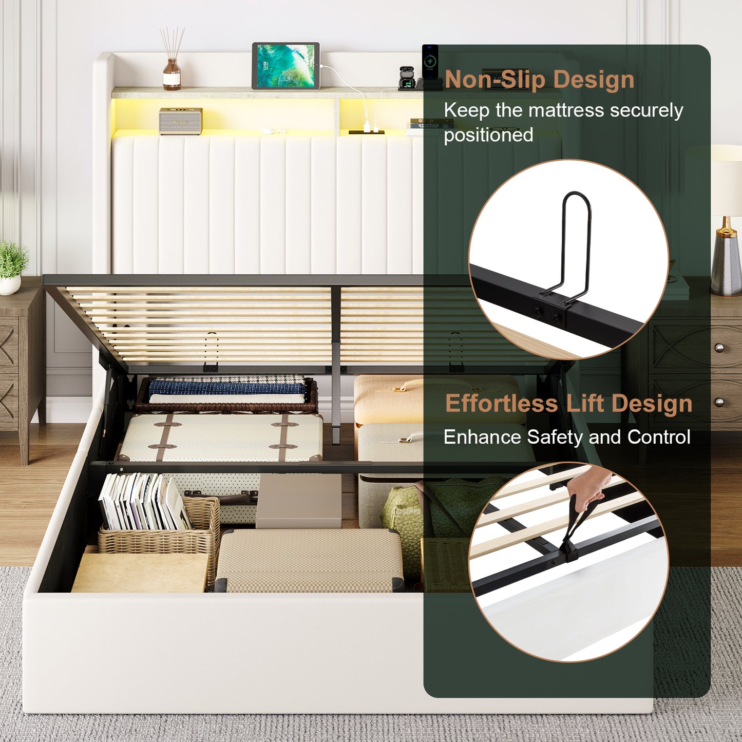 Amolife Hydraulic Lift-Up Storage Bed Frame, LED Headboard with Fast Charging (USB/Type-C), 2-Tier Shelves & Velvet Upholstered
